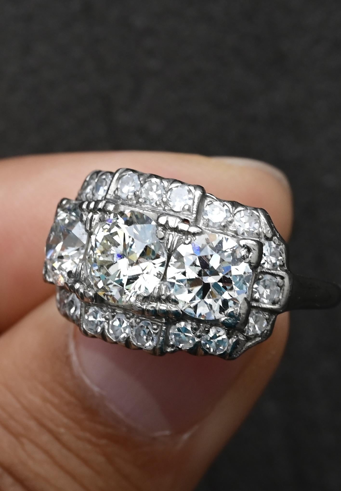Art Deco Palladium Diamond Engagement Ring IGI Certified 3.75 TCW Ring Size 7.5