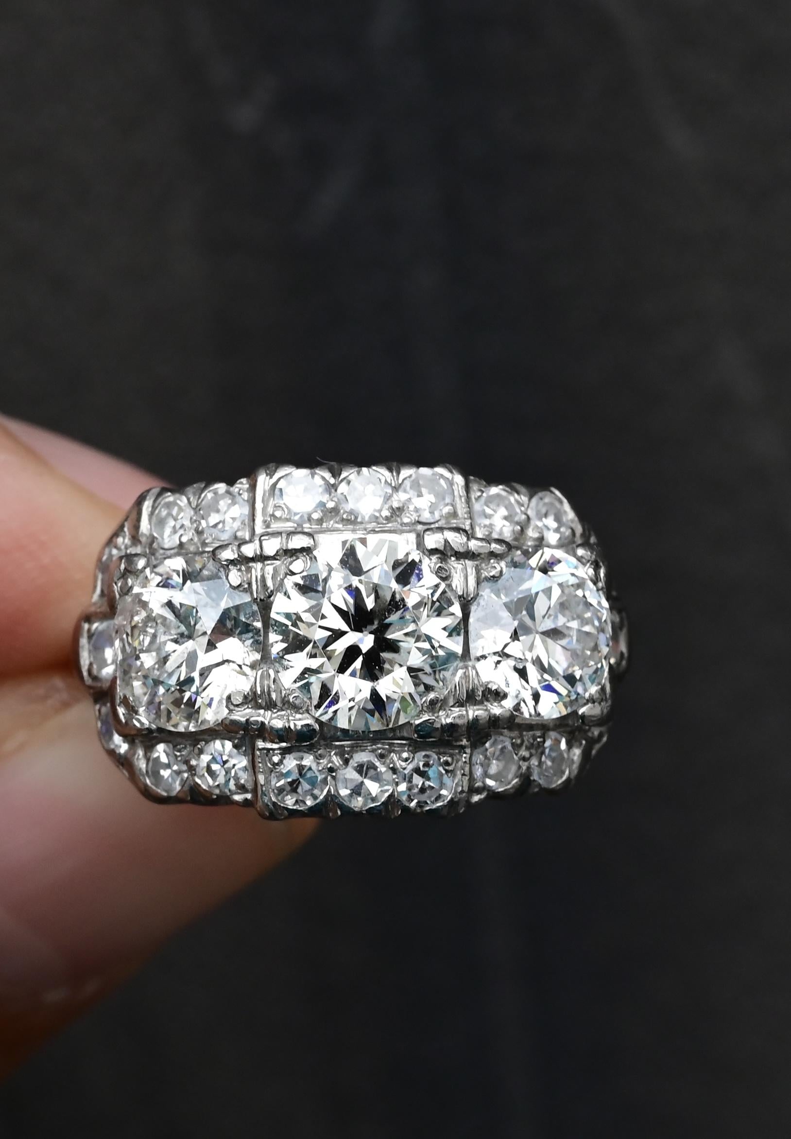 Art Deco Palladium Diamond Engagement Ring IGI Certified 3.75 TCW Ring Size 7.5