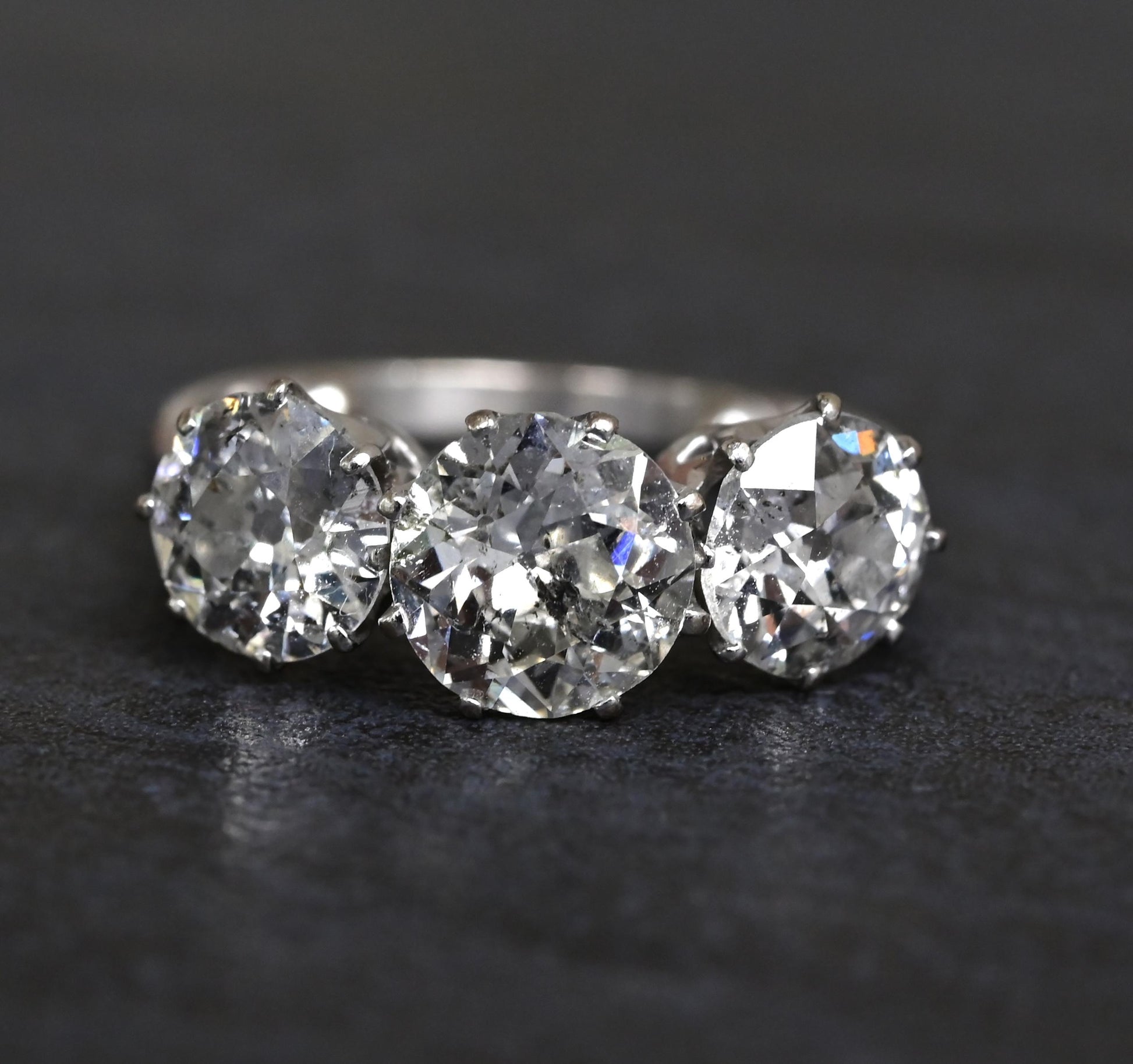 Art Deco 18K White Gold 3-Stone Ring – 3.00ct Old European Cut Diamonds Size 5