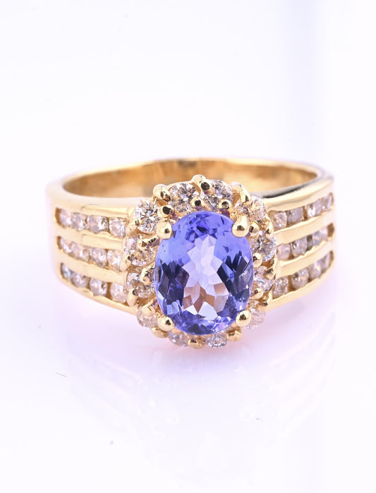 14K Yellow Gold Tanzanite & Diamond Halo Ring Oval Tanzanite Ring Size 7.75