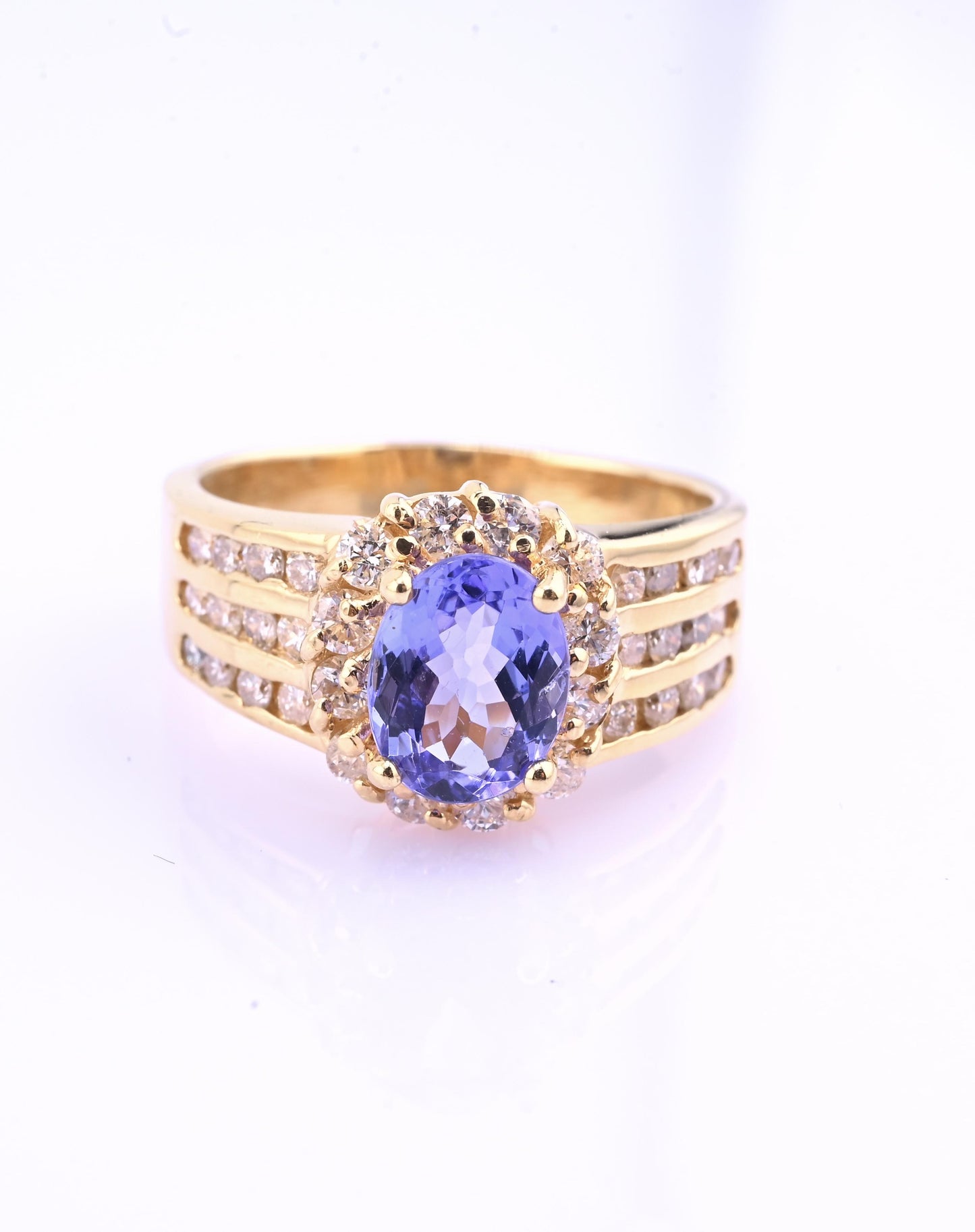 14K Yellow Gold Tanzanite & Diamond Halo Ring Oval Tanzanite Ring Size 7.75