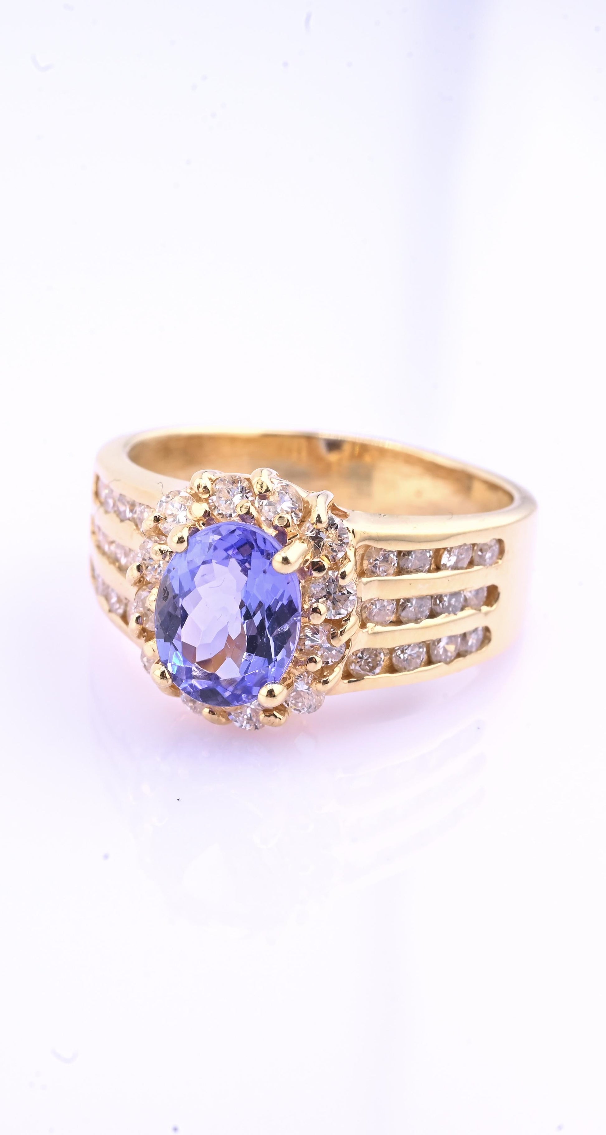 14K Yellow Gold Tanzanite & Diamond Halo Ring Oval Tanzanite Ring Size 7.75