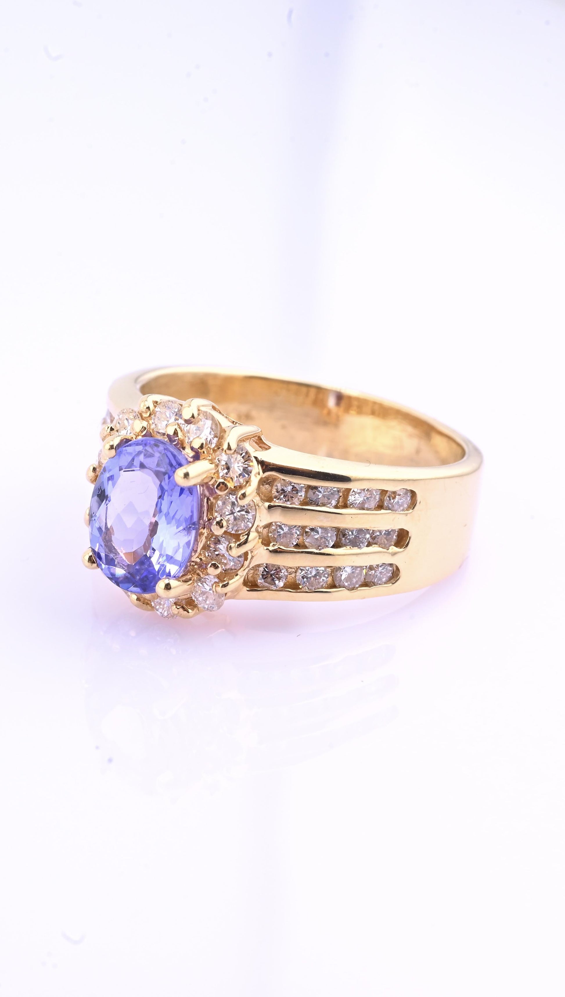 14K Yellow Gold Tanzanite & Diamond Halo Ring Oval Tanzanite Ring Size 7.75