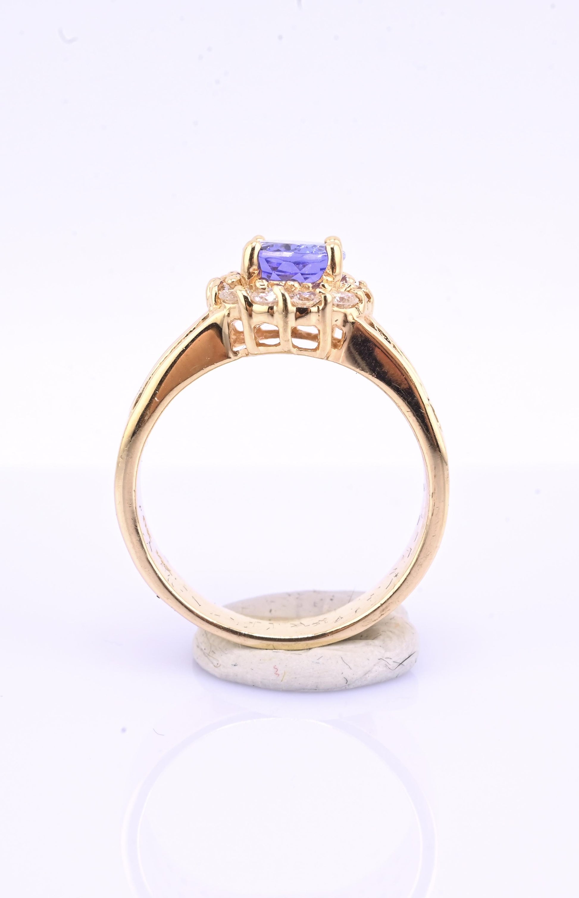 14K Yellow Gold Tanzanite & Diamond Halo Ring Oval Tanzanite Ring Size 7.75