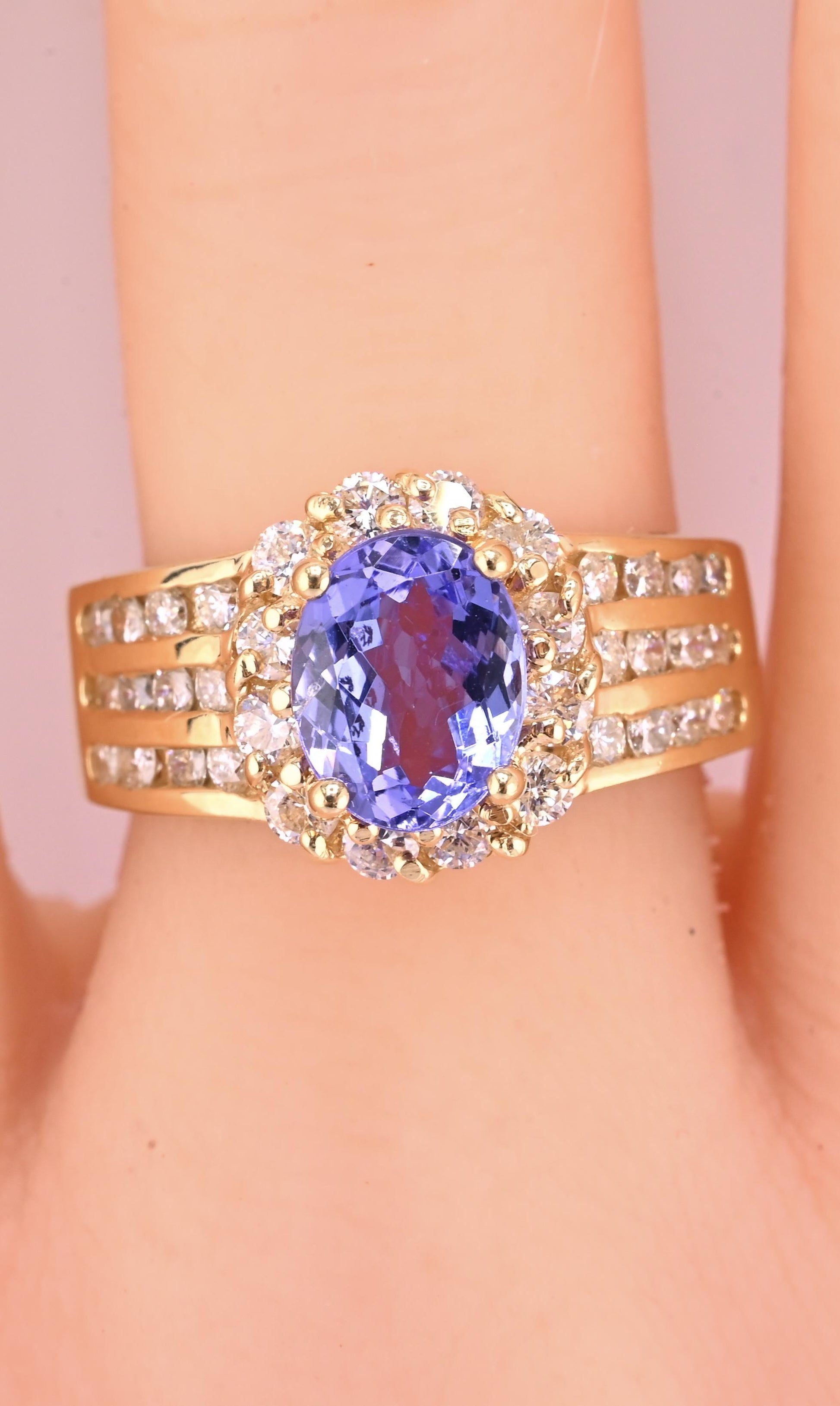 14K Yellow Gold Tanzanite & Diamond Halo Ring Oval Tanzanite Ring Size 7.75