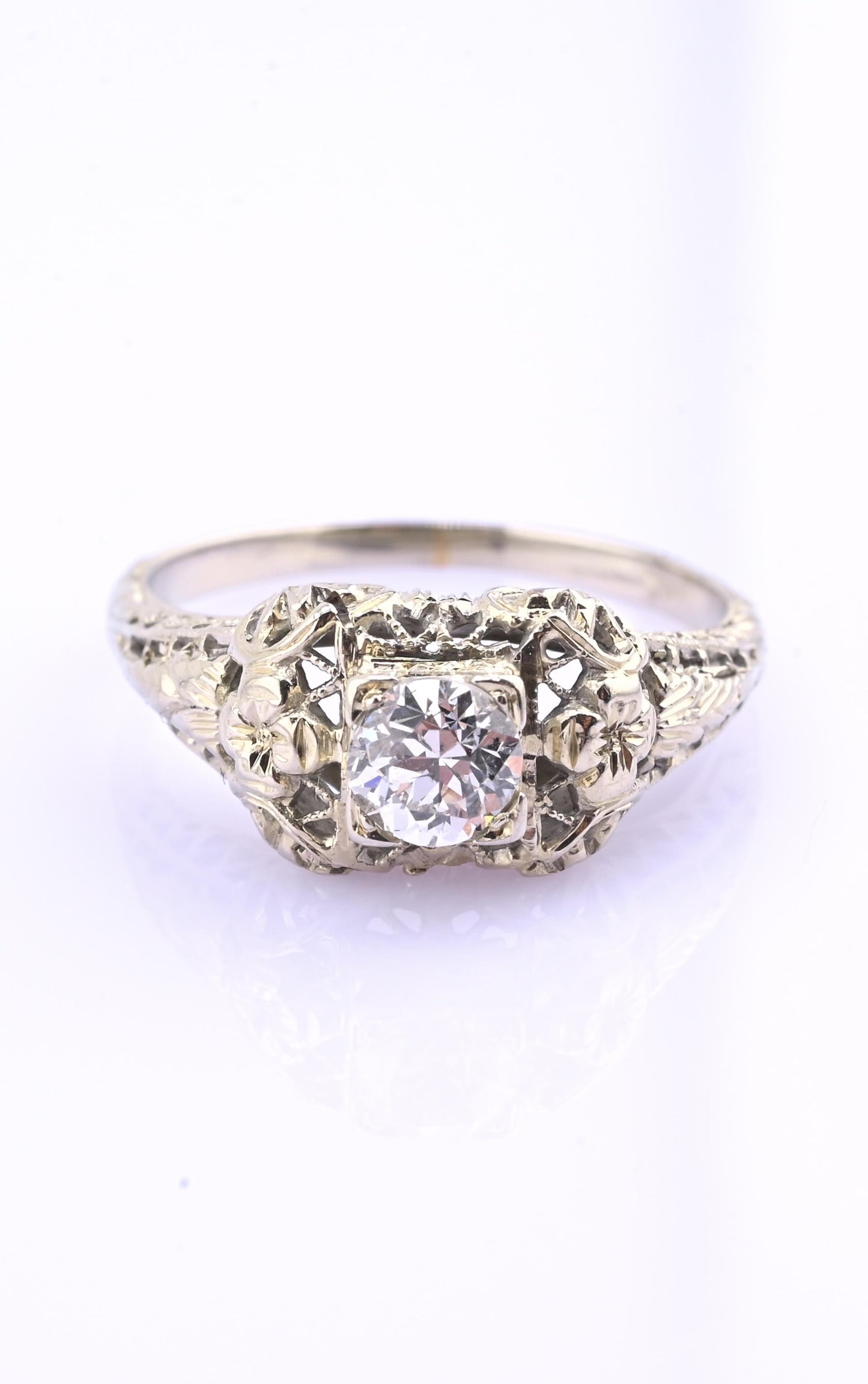 IGI Certified Art Deco 18K White Gold Diamond Ring Size 5.25