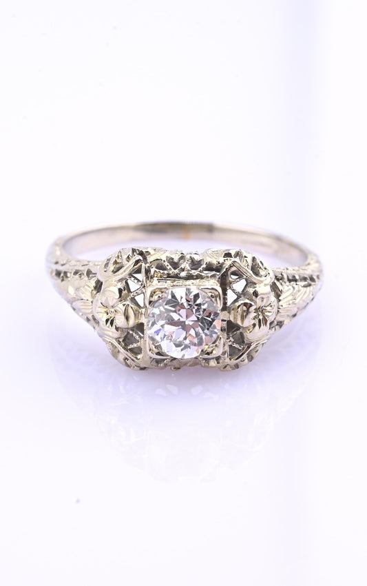 IGI Certified Art Deco 18K White Gold Diamond Ring Size 5.25