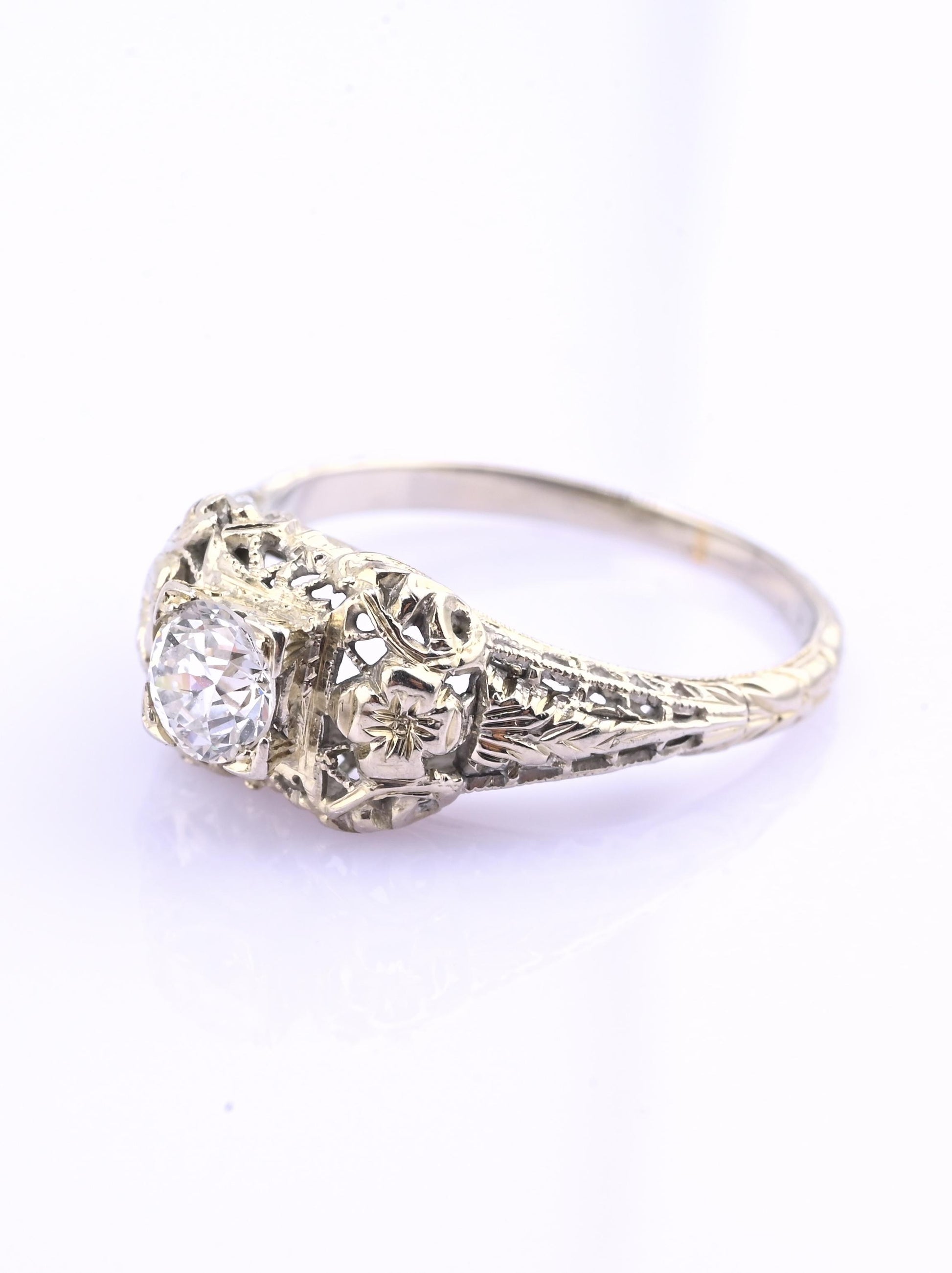 IGI Certified Art Deco 18K White Gold Diamond Ring Size 5.25