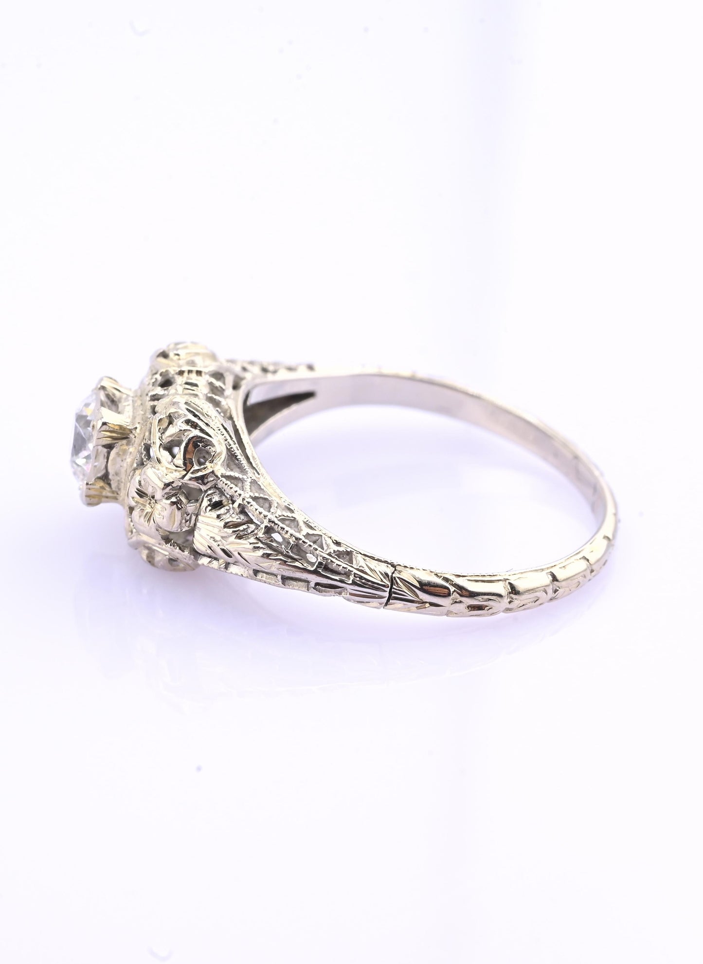 IGI Certified Art Deco 18K White Gold Diamond Ring Size 5.25
