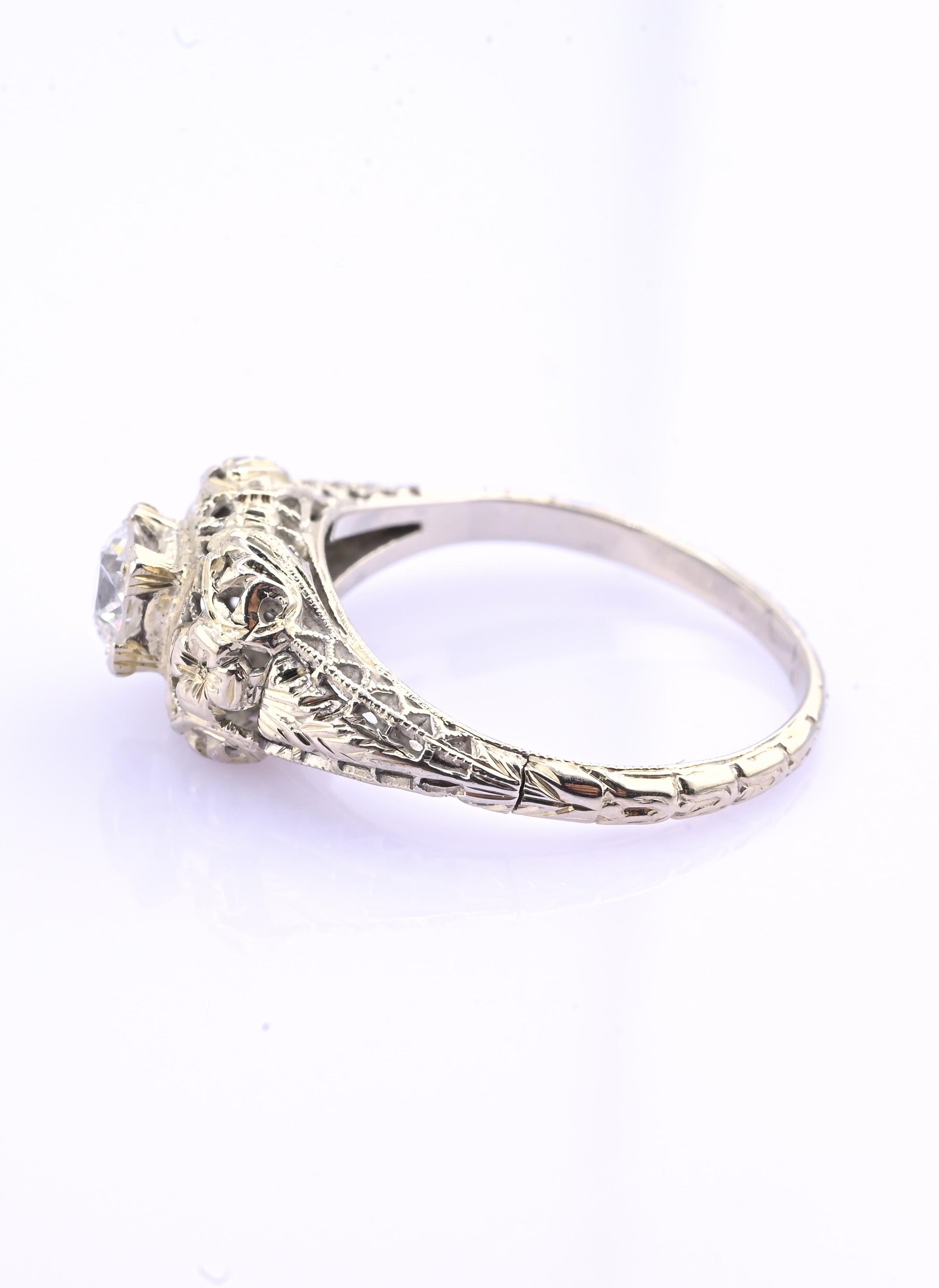 IGI Certified Art Deco 18K White Gold Diamond Ring Size 5.25