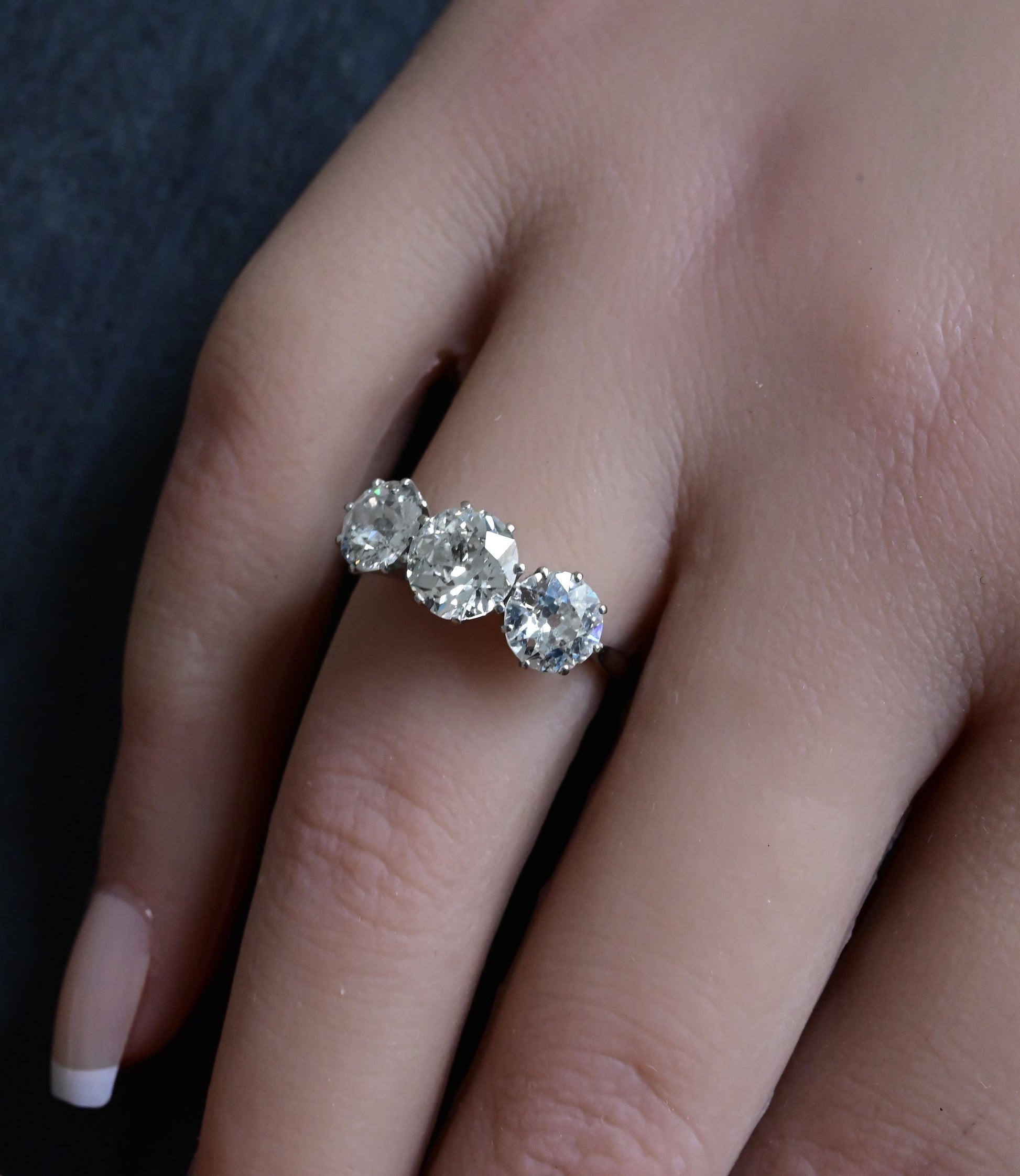 Art Deco 18K White Gold 3-Stone Ring – 3.00ct Old European Cut Diamonds Size 5