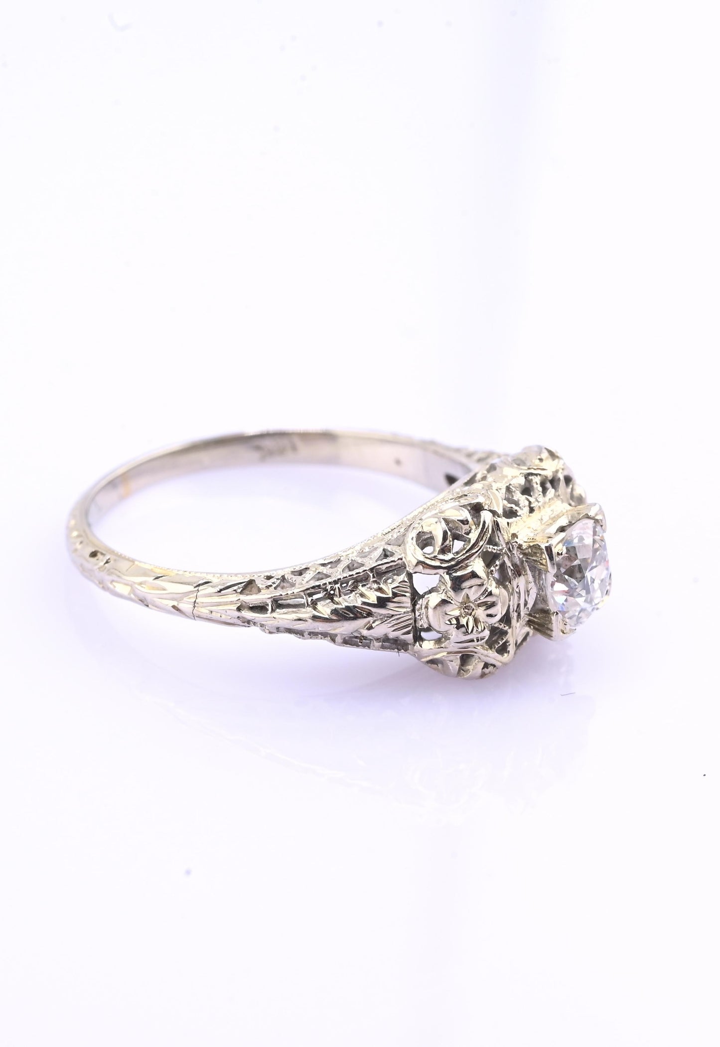 IGI Certified Art Deco 18K White Gold Diamond Ring Size 5.25
