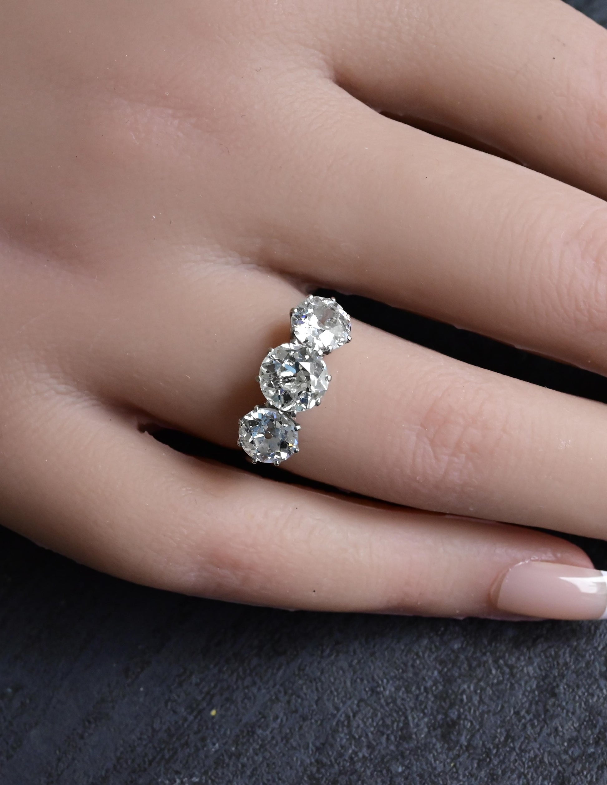 Art Deco 18K White Gold 3-Stone Ring – 3.00ct Old European Cut Diamonds Size 5