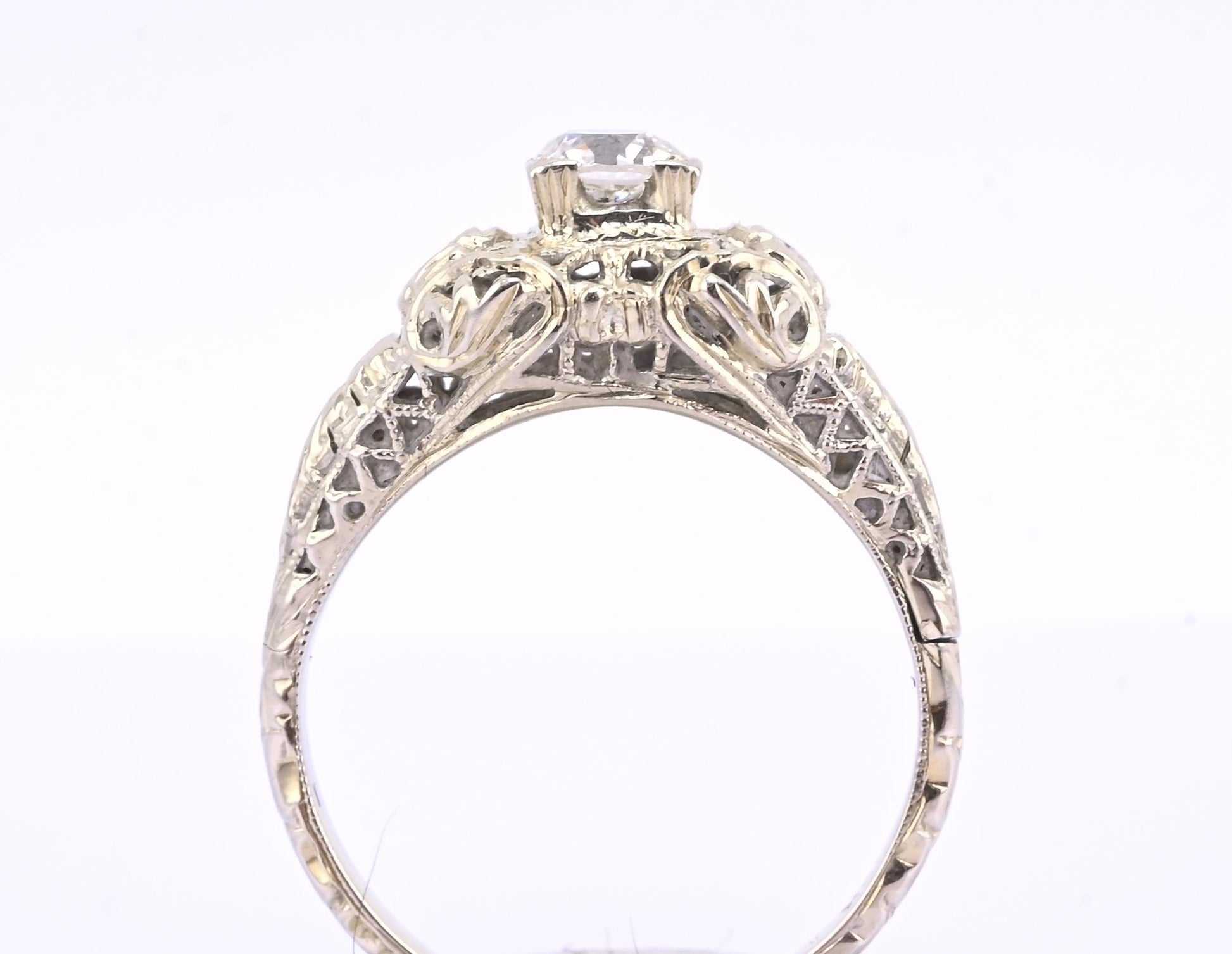 IGI Certified Art Deco 18K White Gold Diamond Ring Size 5.25