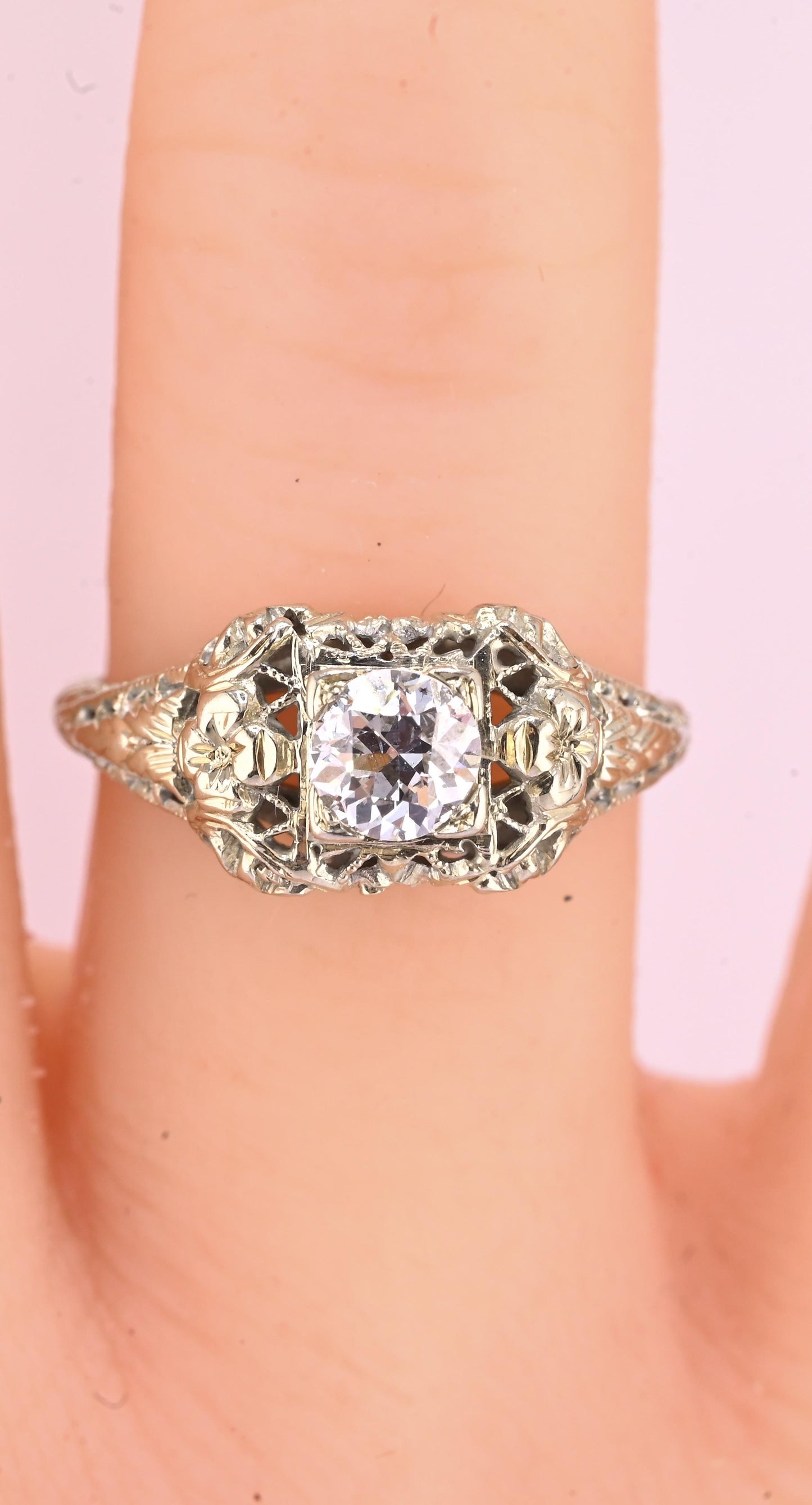 IGI Certified Art Deco 18K White Gold Diamond Ring Size 5.25