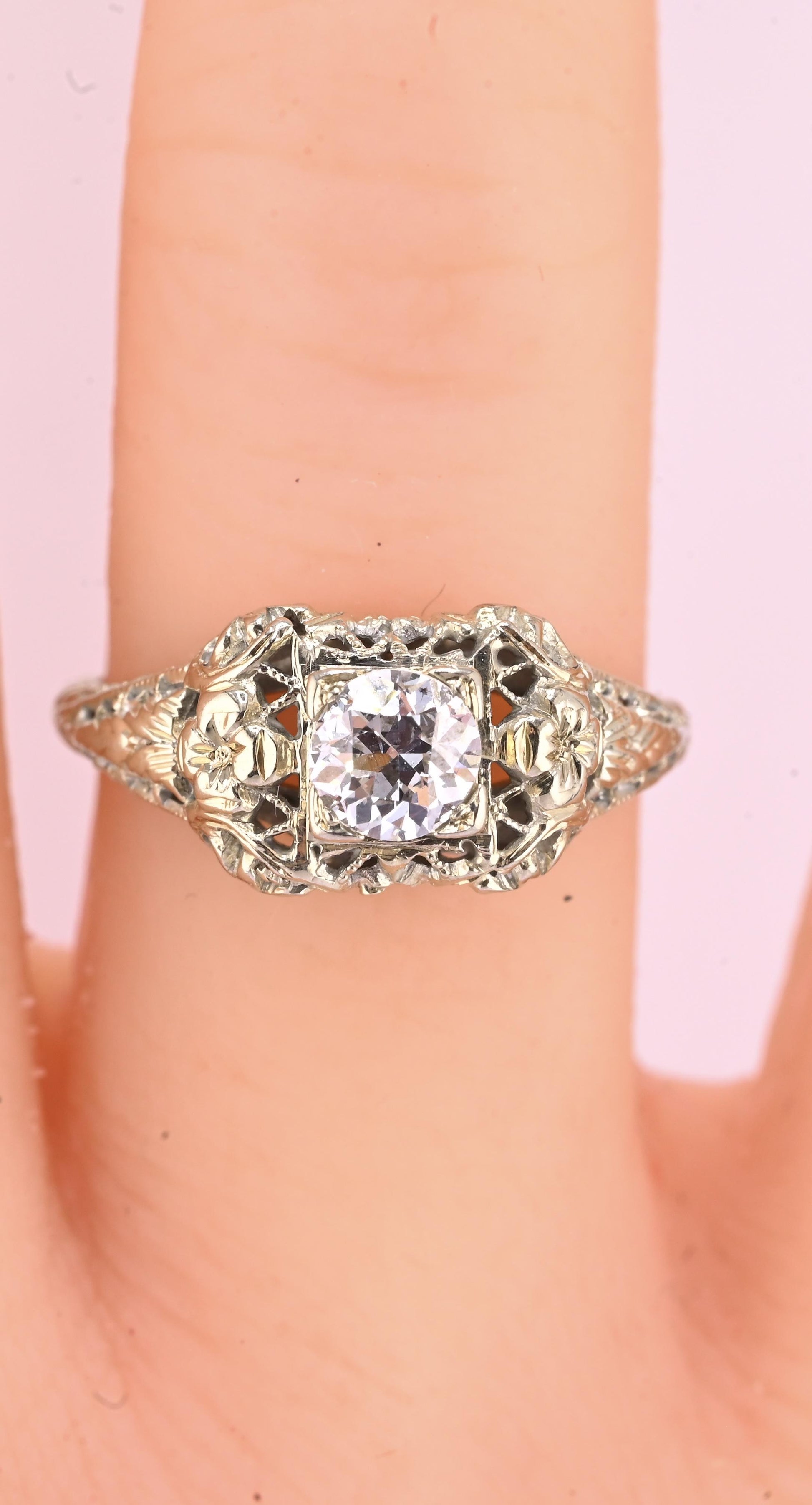 IGI Certified Art Deco 18K White Gold Diamond Ring Size 5.25