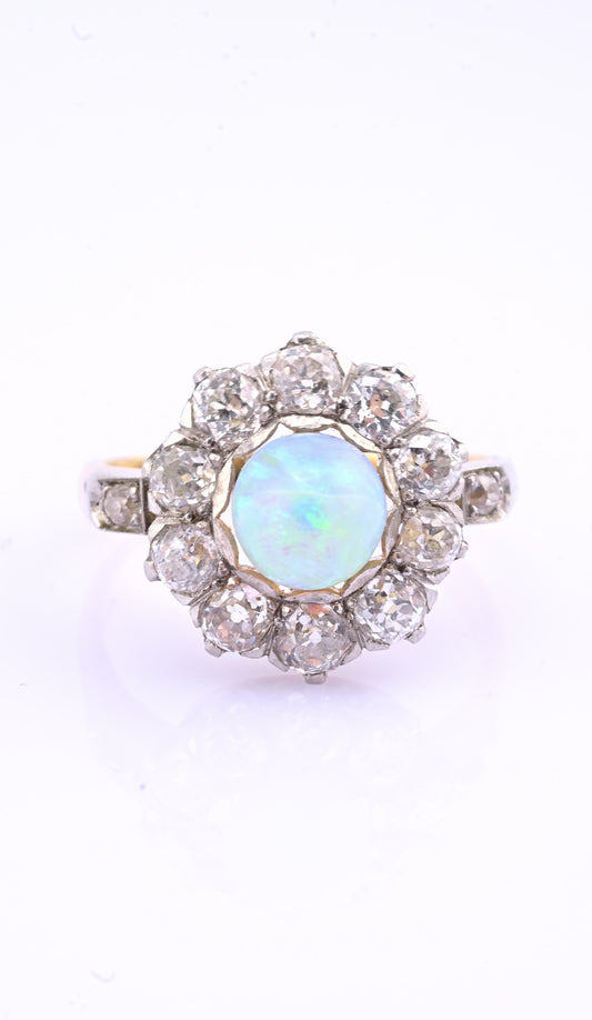 Antique Art Deco / Edwardian Opal & Old Cut Diamond Halo Ring 18K Size 7.75