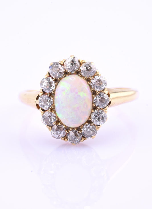 Antique Opal & Old Mine / Old European Cut Diamond Ring – 14K Gold Size 5.5