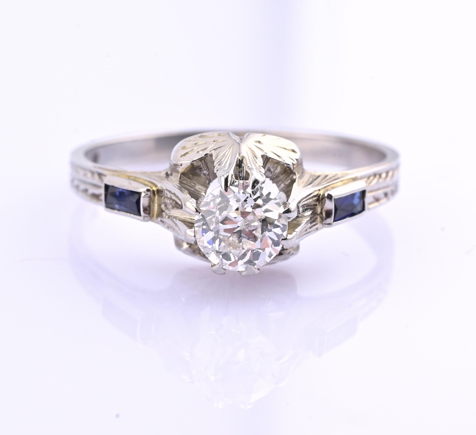 Art Deco 18K White Gold Diamond & Sapphire Ring – .40 CT Center – Size 7