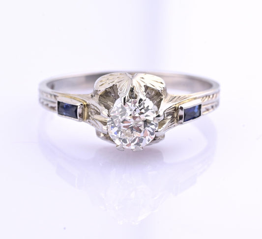 Art Deco 18K White Gold Diamond & Sapphire Ring – .40 CT Center – Size 7
