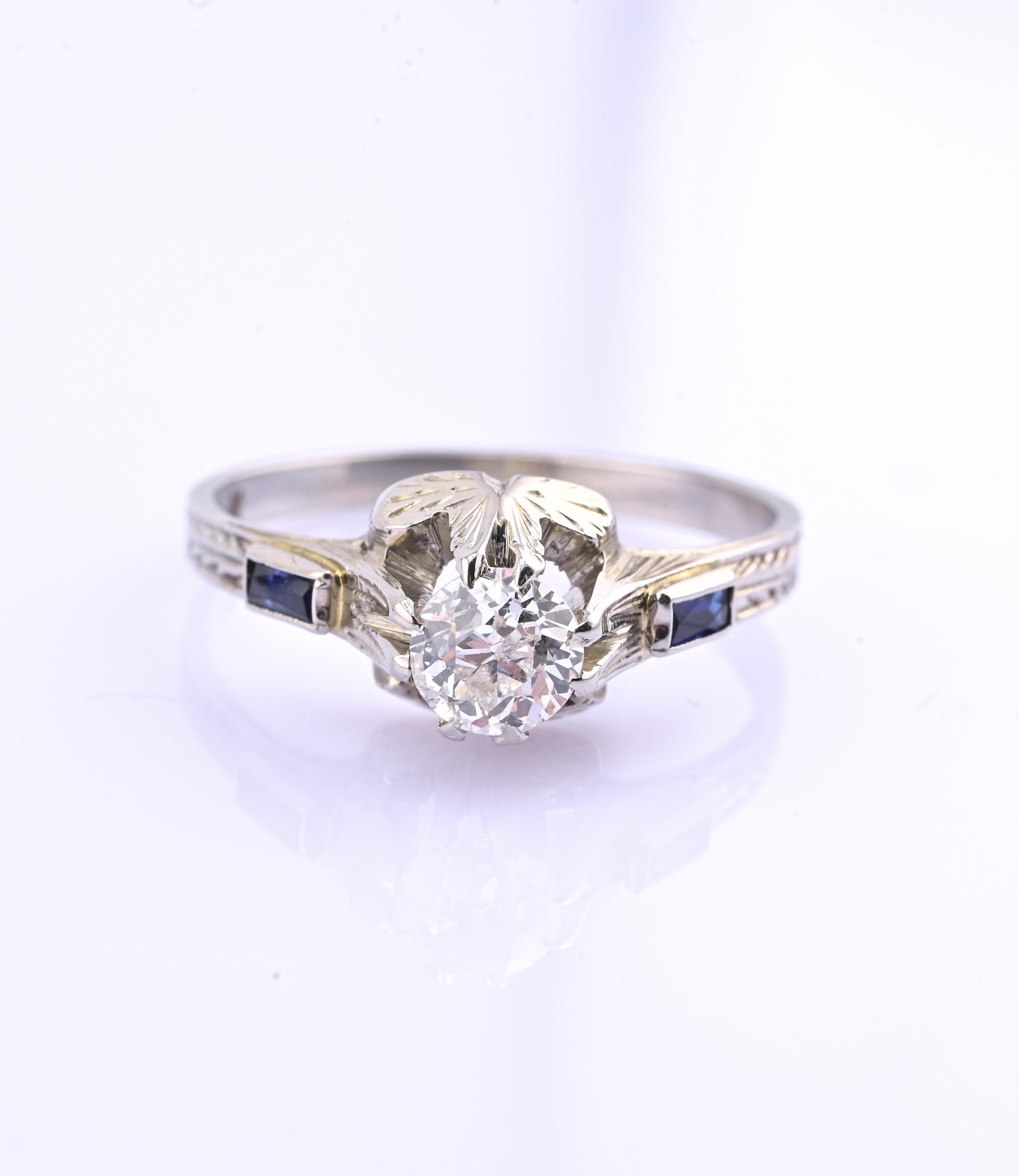 Art Deco 18K White Gold Diamond & Sapphire Ring – .40 CT Center – Size 7