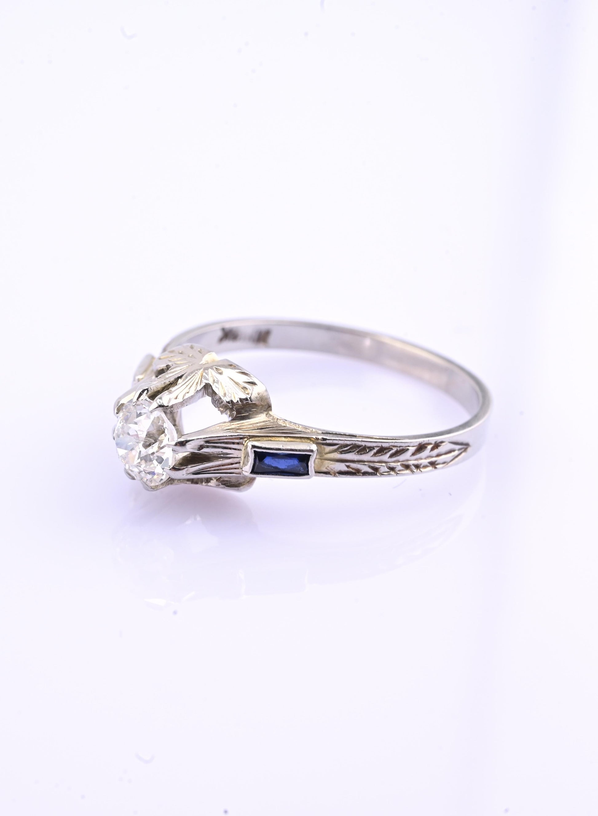 Art Deco 18K White Gold Diamond & Sapphire Ring – .40 CT Center – Size 7