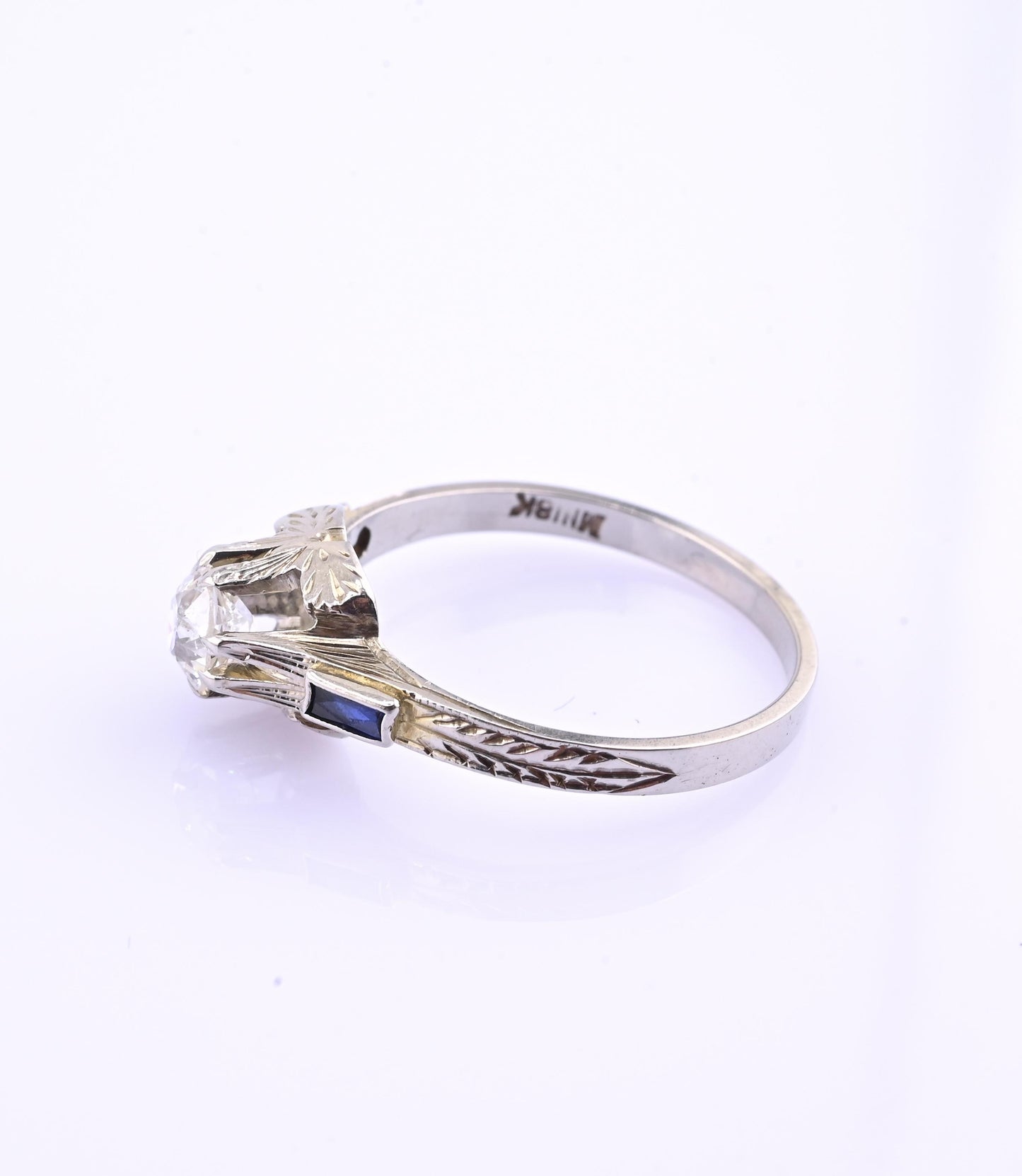 Art Deco 18K White Gold Diamond & Sapphire Ring – .40 CT Center – Size 7