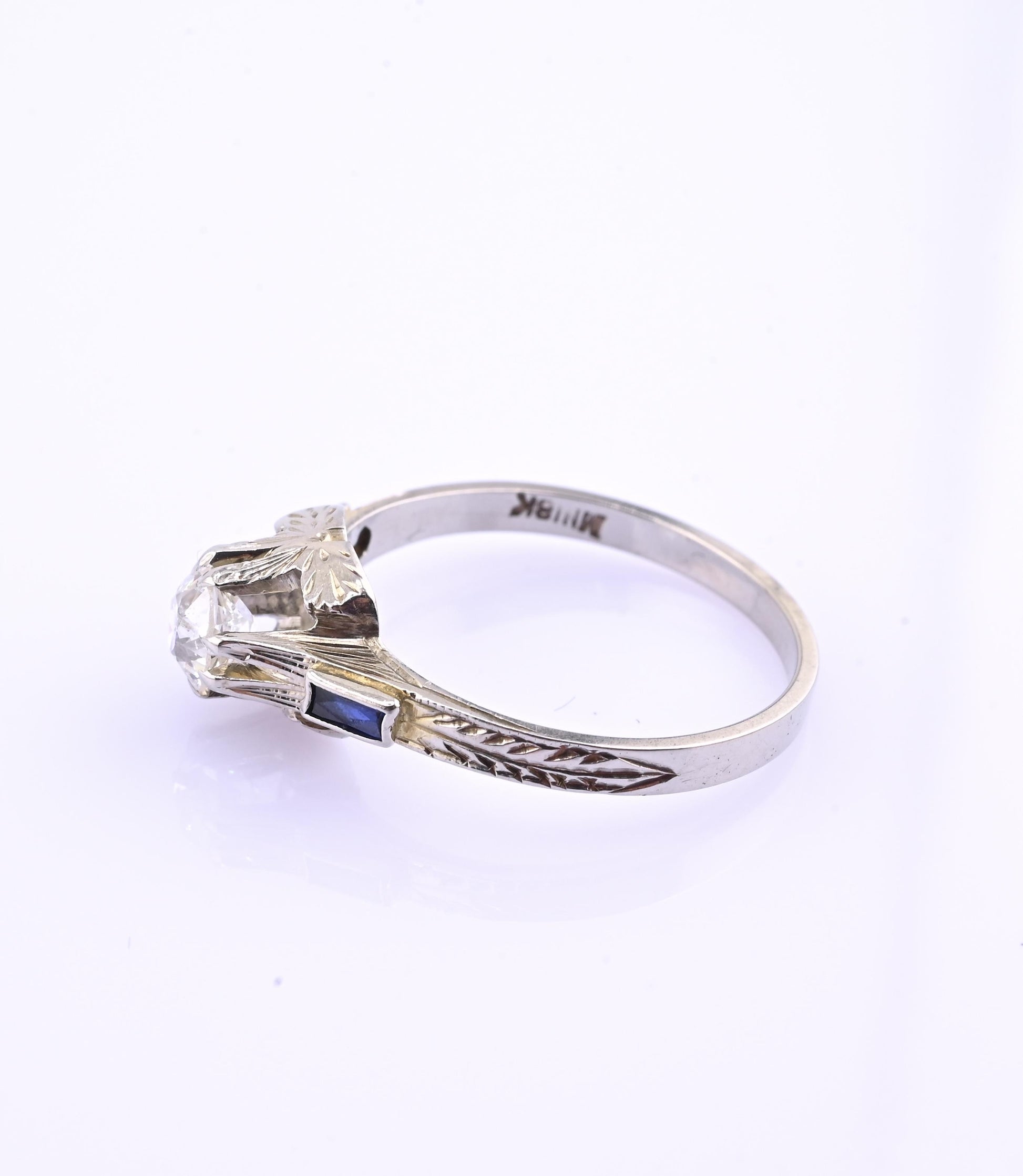 Art Deco 18K White Gold Diamond & Sapphire Ring – .40 CT Center – Size 7