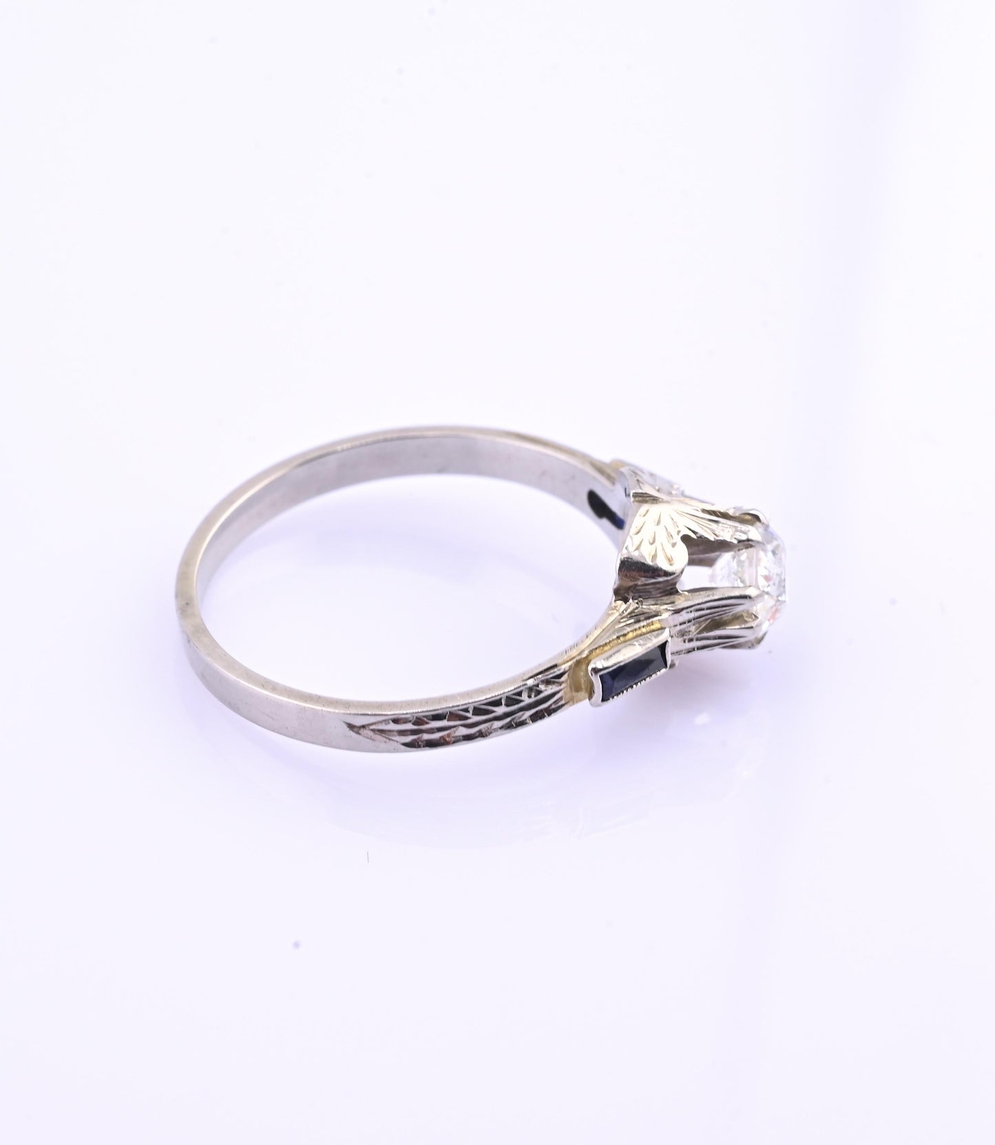 Art Deco 18K White Gold Diamond & Sapphire Ring – .40 CT Center – Size 7