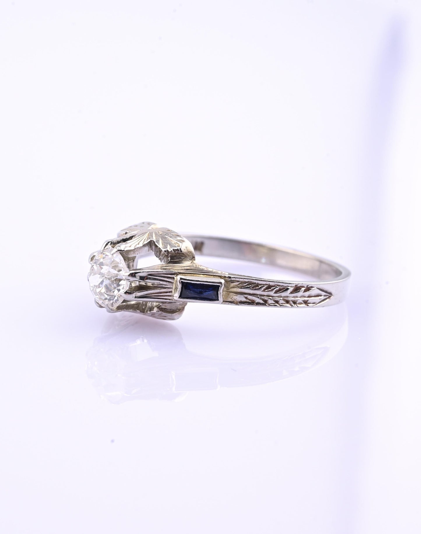 Art Deco 18K White Gold Diamond & Sapphire Ring – .40 CT Center – Size 7