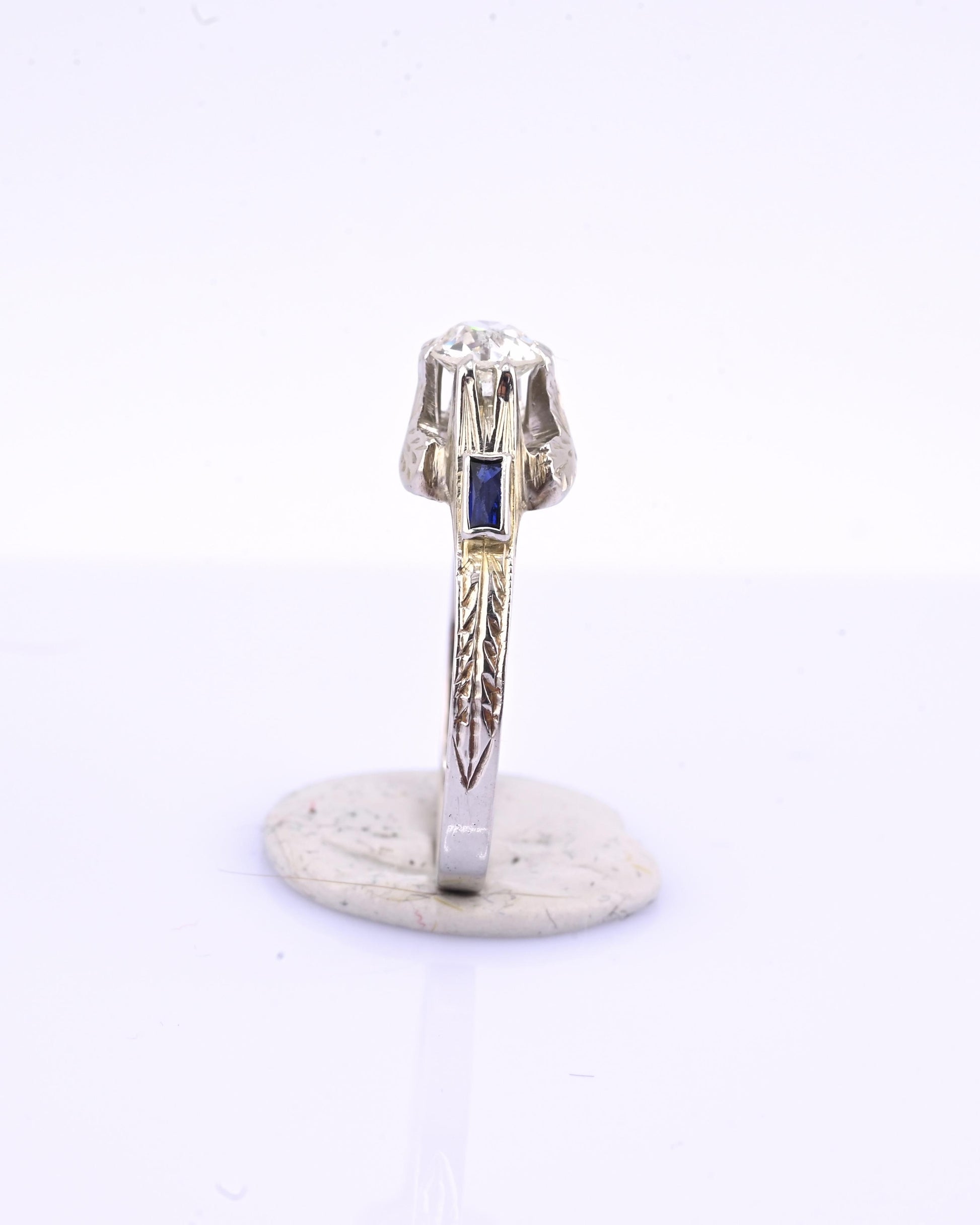 Art Deco 18K White Gold Diamond & Sapphire Ring – .40 CT Center – Size 7