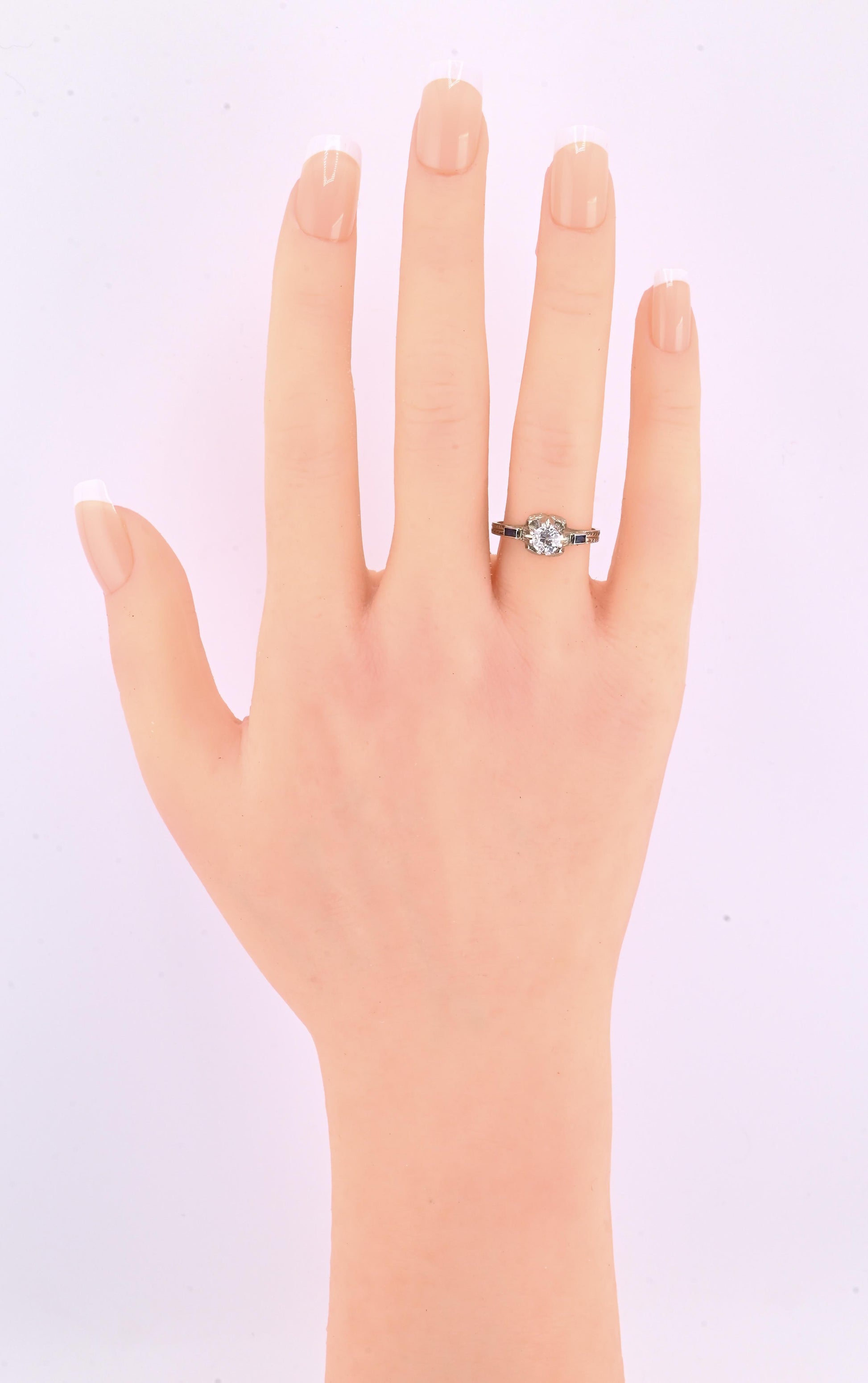 Art Deco 18K White Gold Diamond & Sapphire Ring – .40 CT Center – Size 7