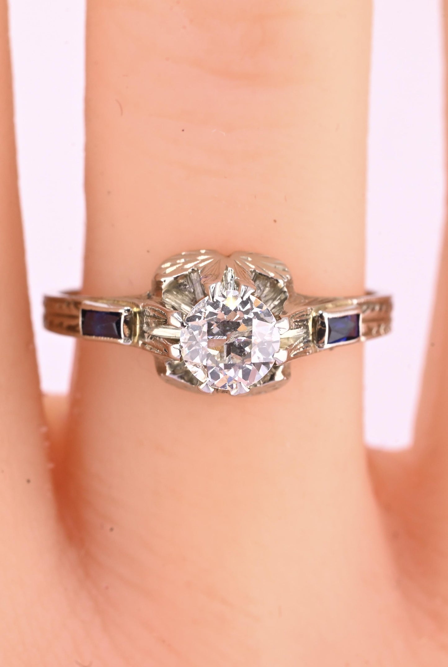 Art Deco 18K White Gold Diamond & Sapphire Ring – .40 CT Center – Size 7