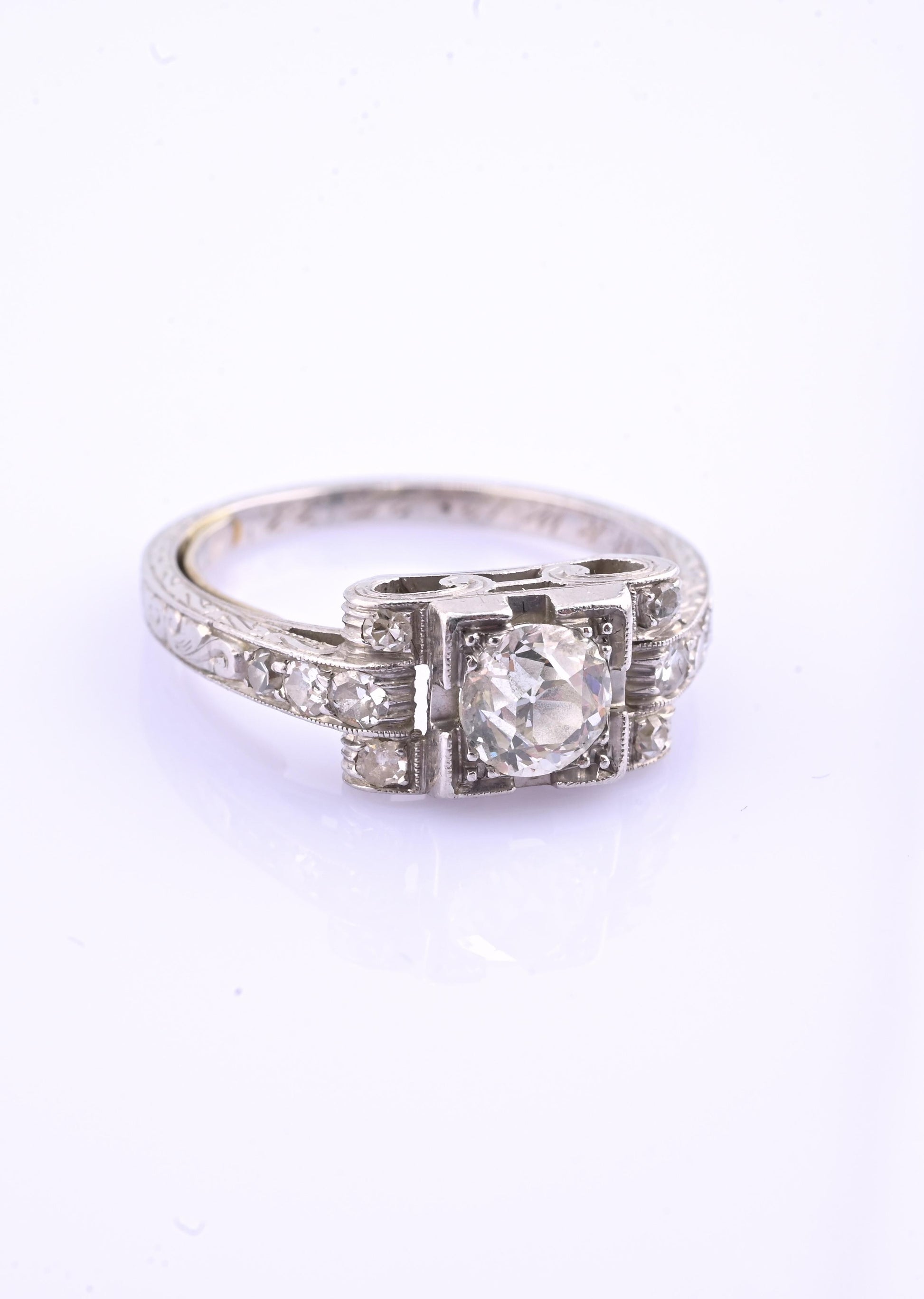 Art Deco Platinum Diamond Engagement Ring .60–.65 CTW VS Center Ring Size 6