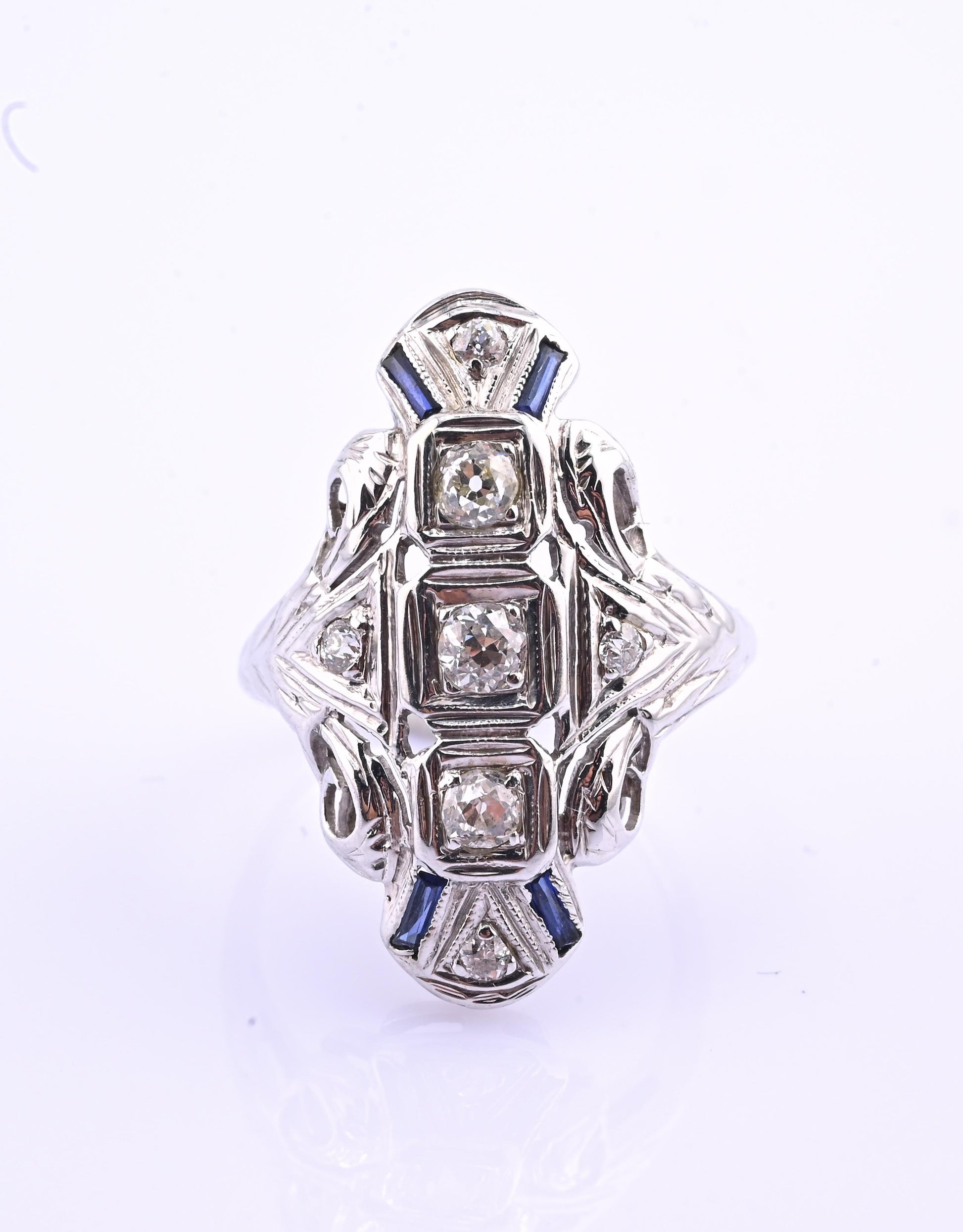 IGI Certified 18K White Gold Art Deco Diamond & Sapphire Ring Size 5.5