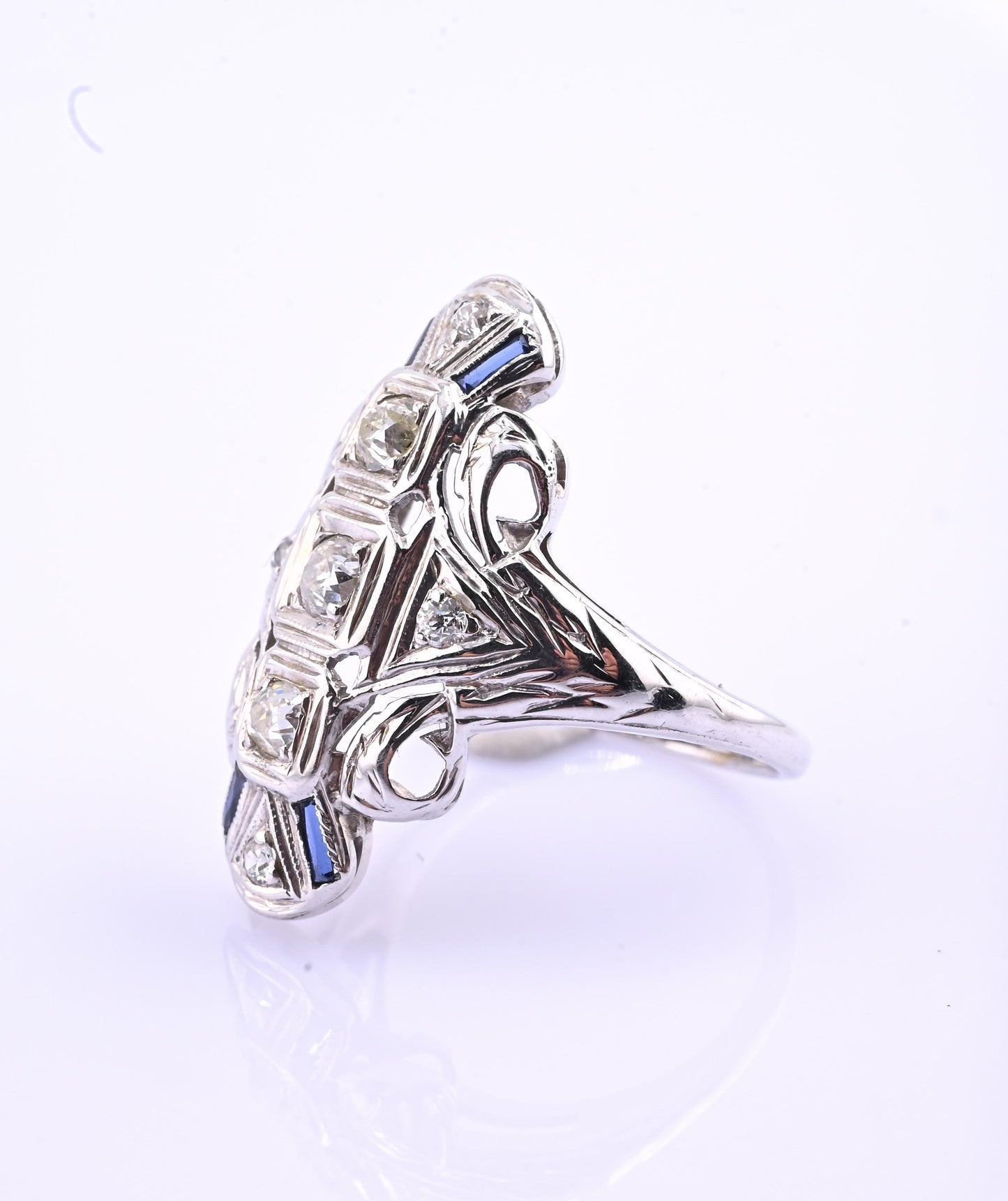 IGI Certified 18K White Gold Art Deco Diamond & Sapphire Ring Size 5.5