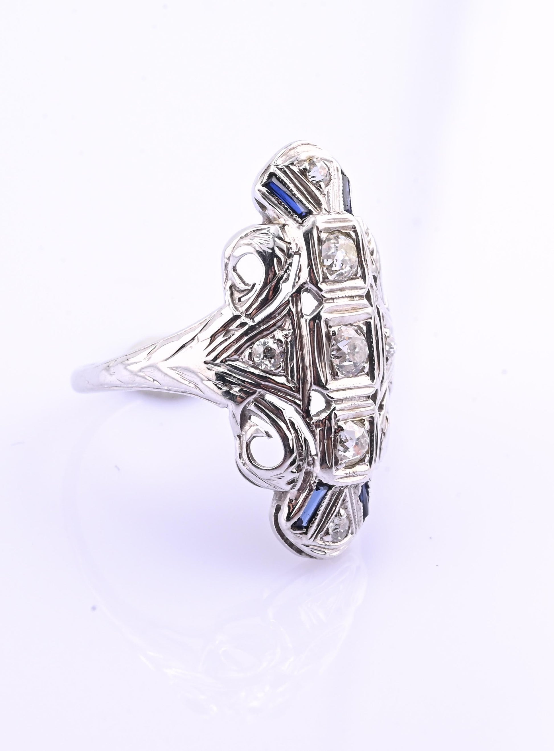 IGI Certified 18K White Gold Art Deco Diamond & Sapphire Ring Size 5.5
