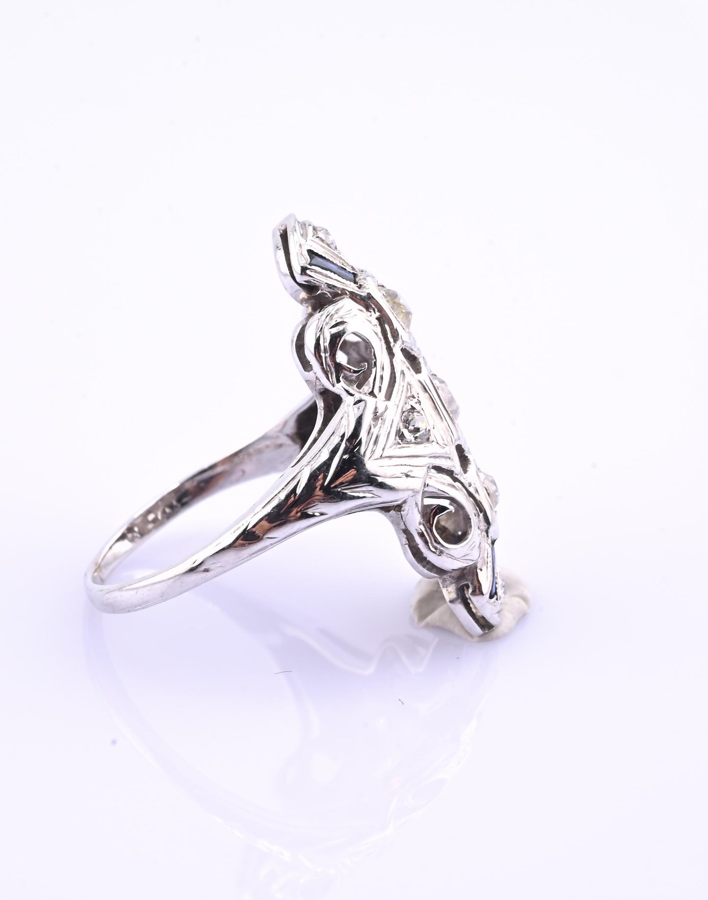 IGI Certified 18K White Gold Art Deco Diamond & Sapphire Ring Size 5.5