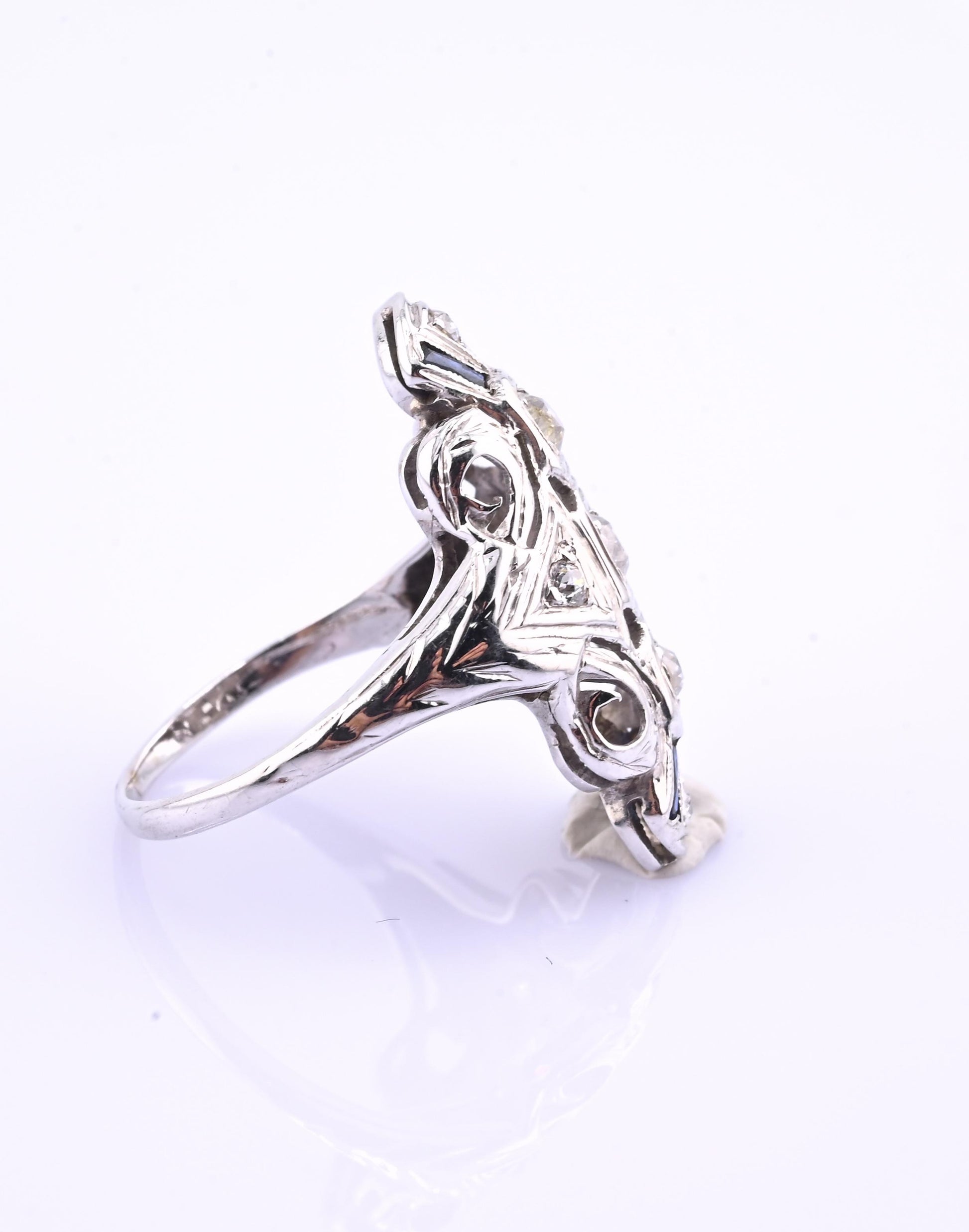 IGI Certified 18K White Gold Art Deco Diamond & Sapphire Ring Size 5.5