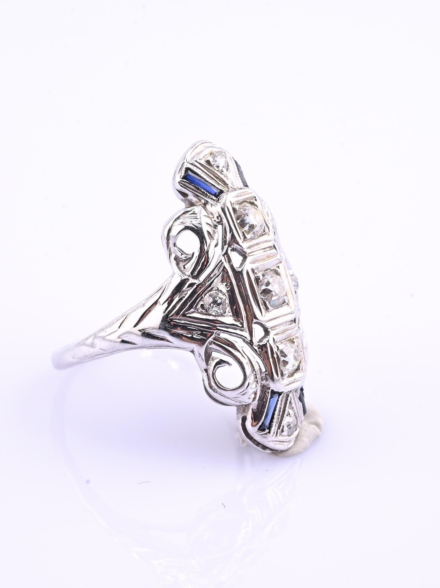 IGI Certified 18K White Gold Art Deco Diamond & Sapphire Ring Size 5.5
