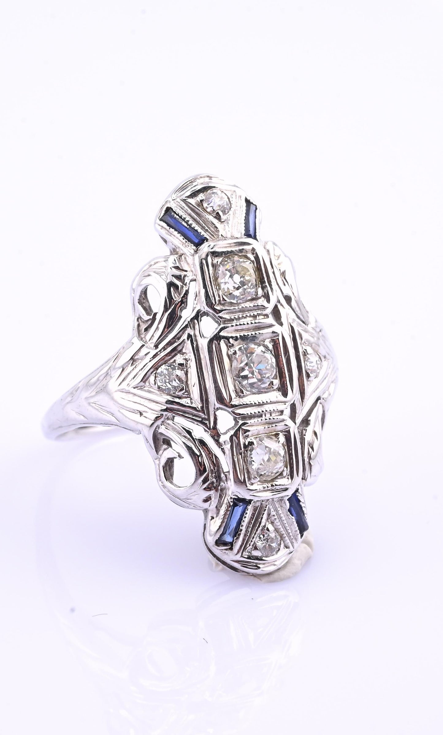 IGI Certified 18K White Gold Art Deco Diamond & Sapphire Ring Size 5.5