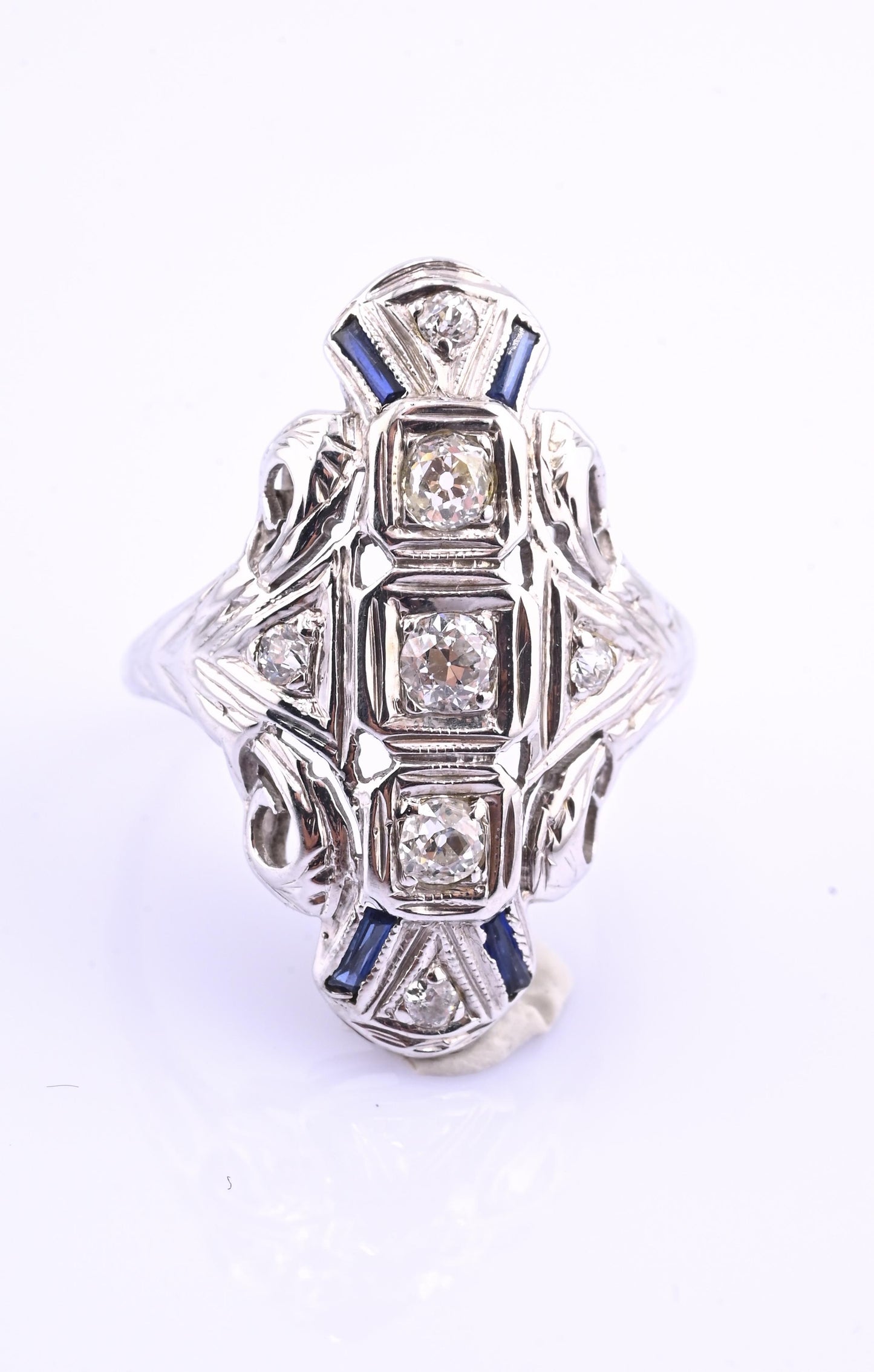 IGI Certified 18K White Gold Art Deco Diamond & Sapphire Ring Size 5.5