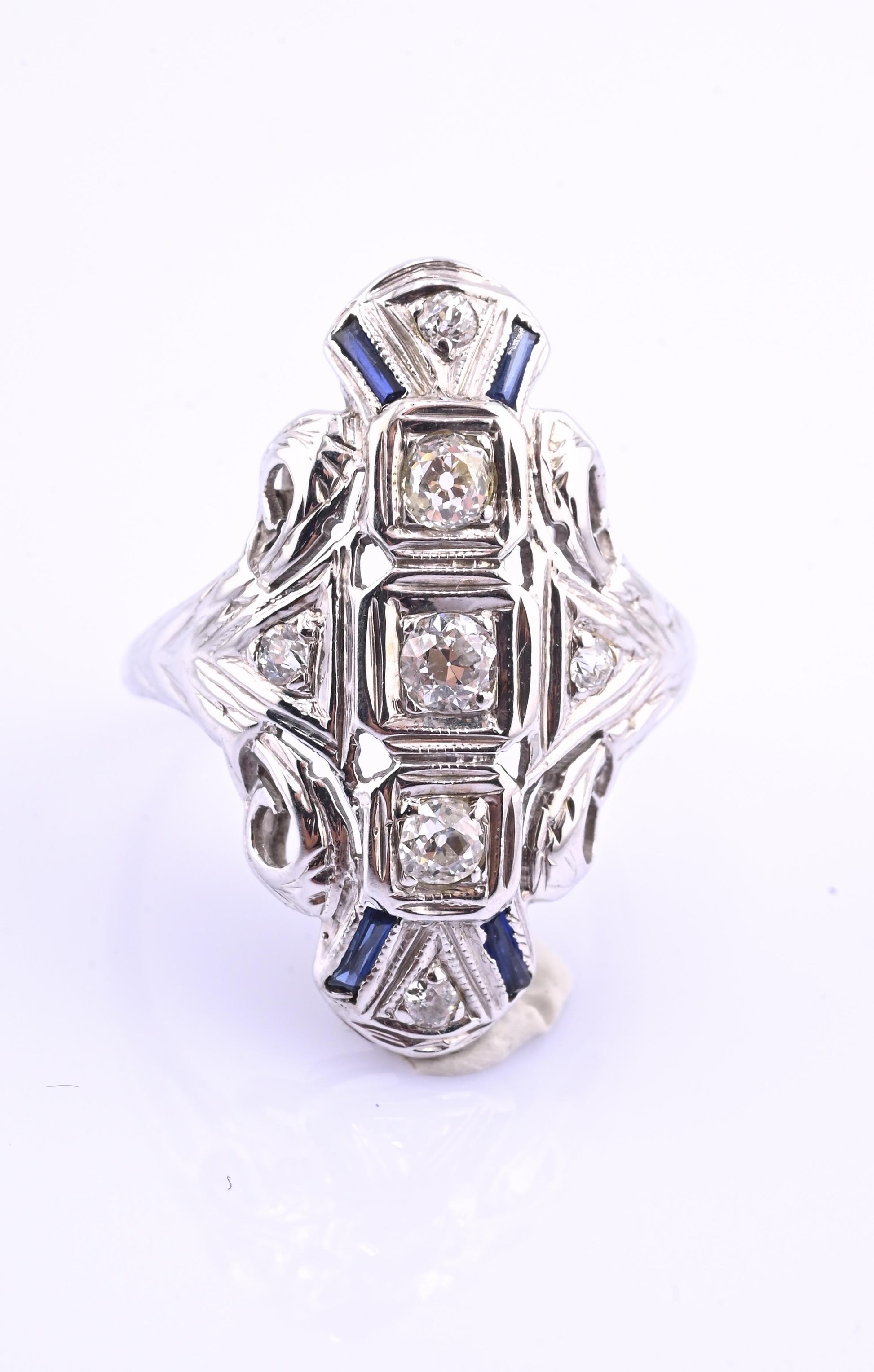 IGI Certified 18K White Gold Art Deco Diamond & Sapphire Ring Size 5.5