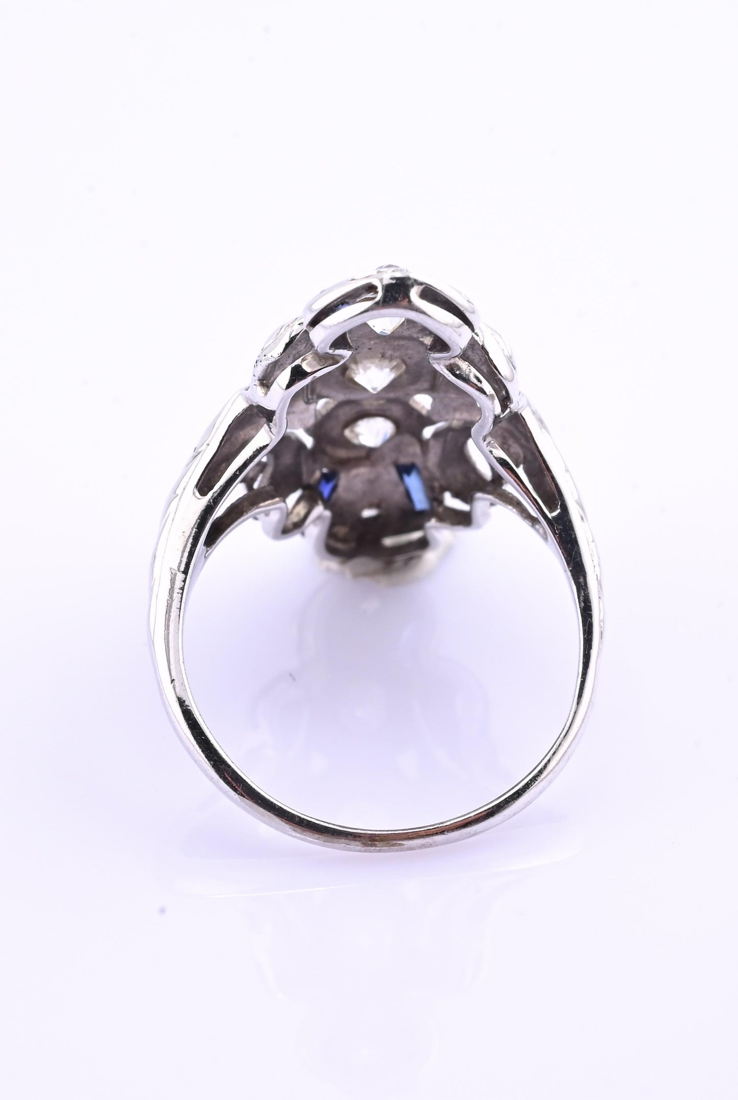 IGI Certified 18K White Gold Art Deco Diamond & Sapphire Ring Size 5.5