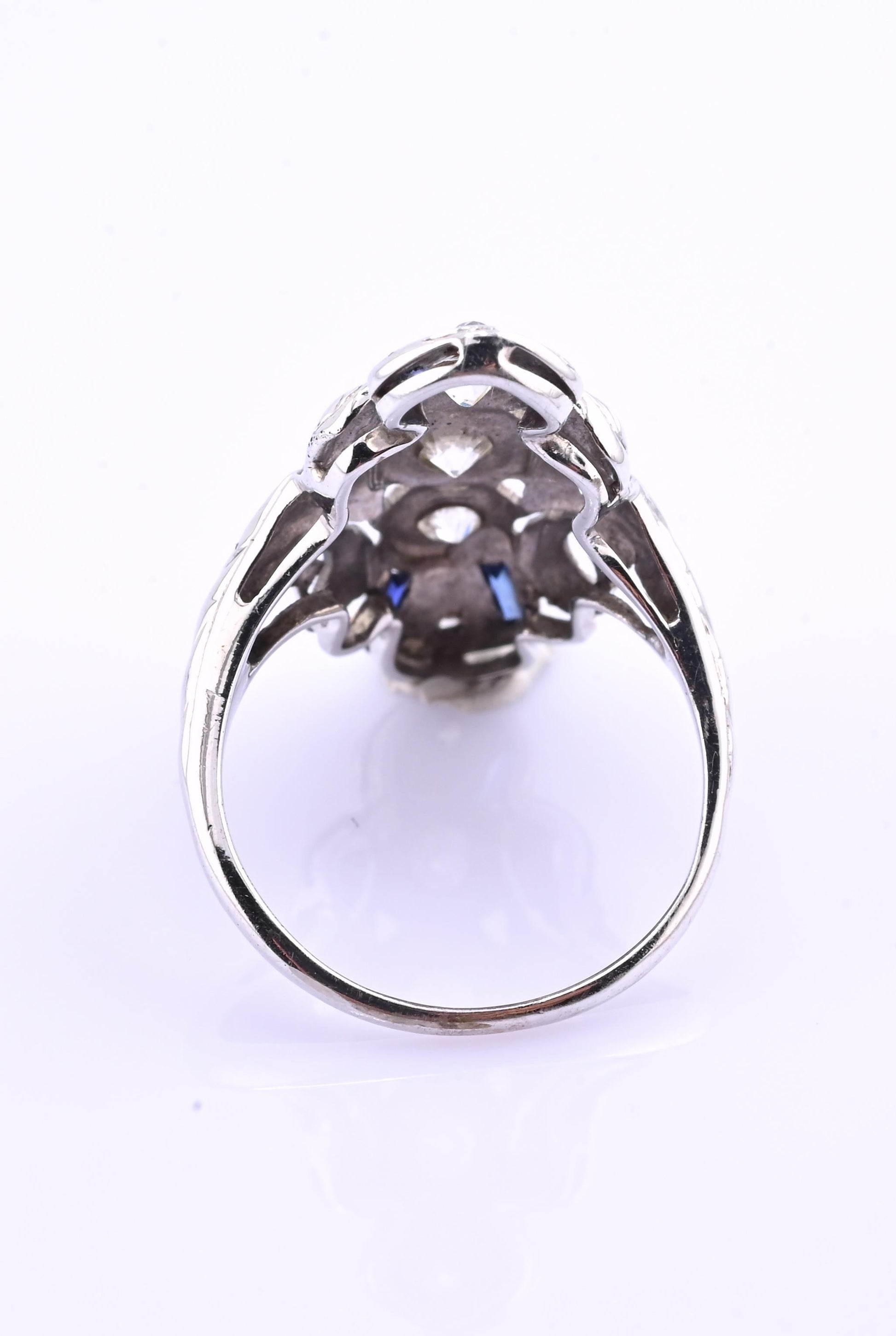 IGI Certified 18K White Gold Art Deco Diamond & Sapphire Ring Size 5.5