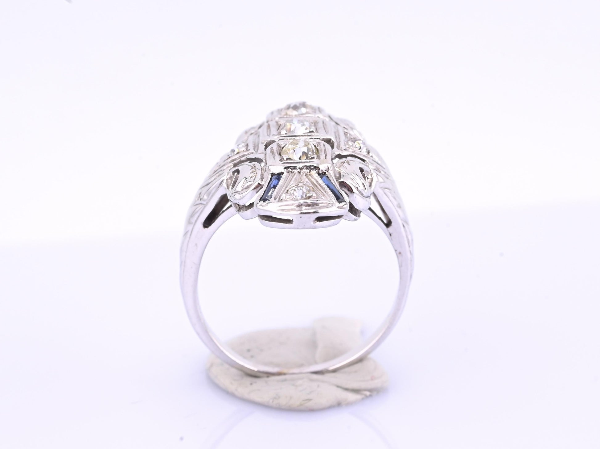IGI Certified 18K White Gold Art Deco Diamond & Sapphire Ring Size 5.5