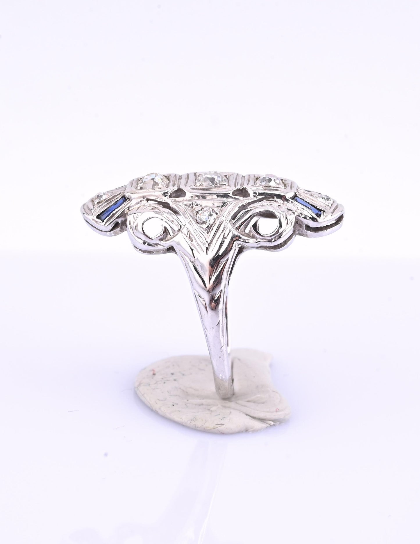 IGI Certified 18K White Gold Art Deco Diamond & Sapphire Ring Size 5.5