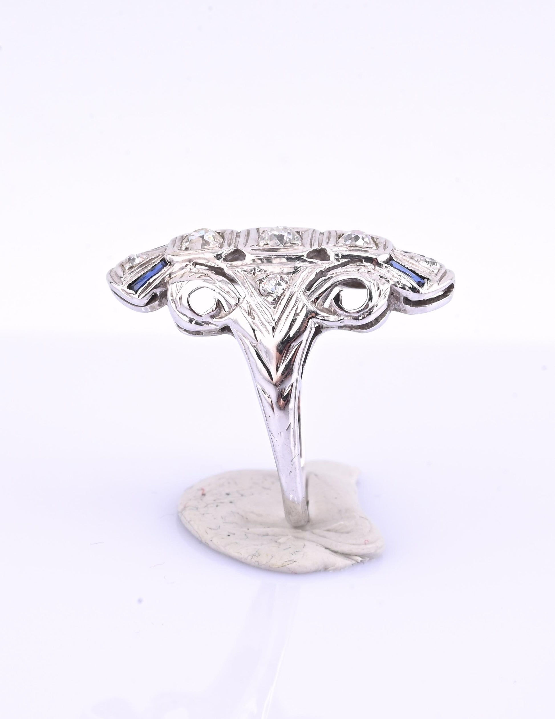 IGI Certified 18K White Gold Art Deco Diamond & Sapphire Ring Size 5.5