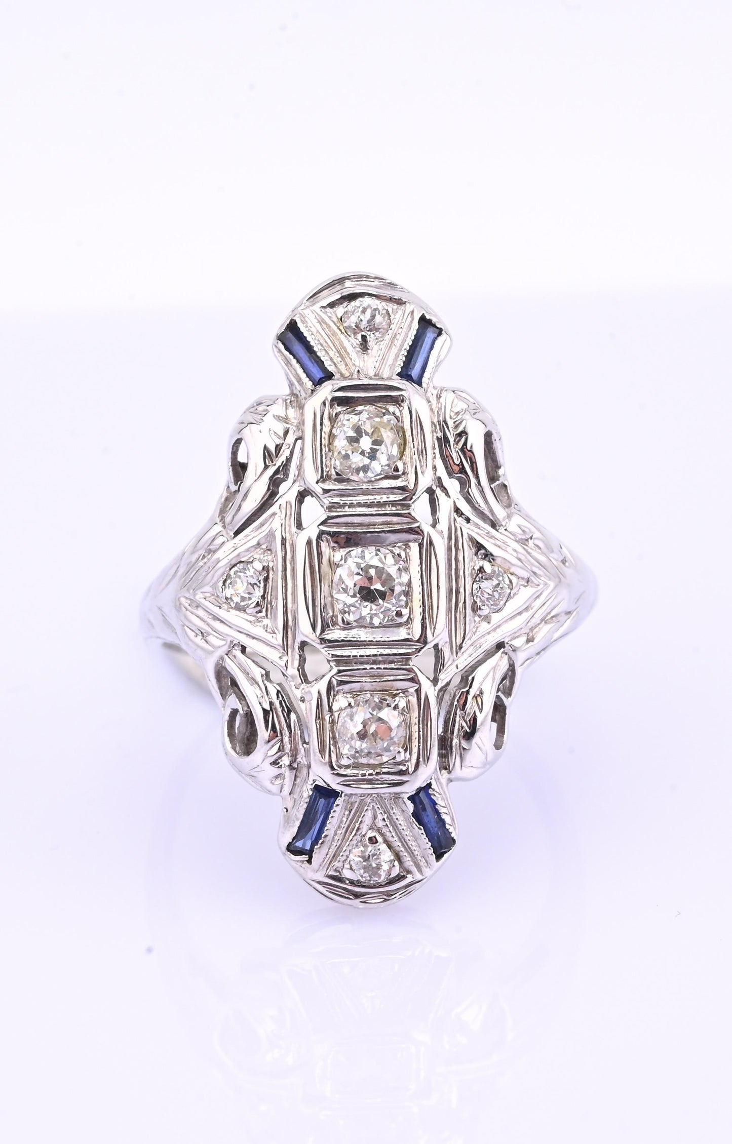 IGI Certified 18K White Gold Art Deco Diamond & Sapphire Ring Size 5.5