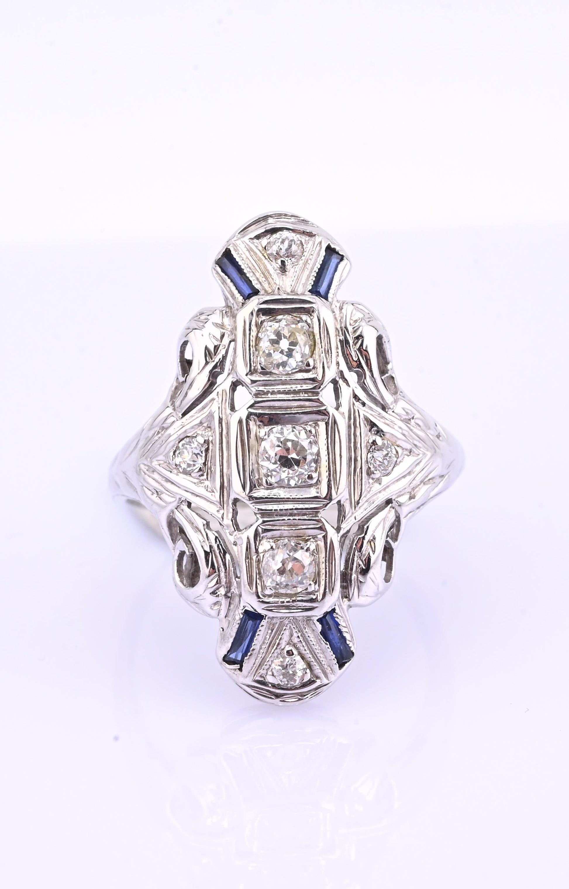 IGI Certified 18K White Gold Art Deco Diamond & Sapphire Ring Size 5.5